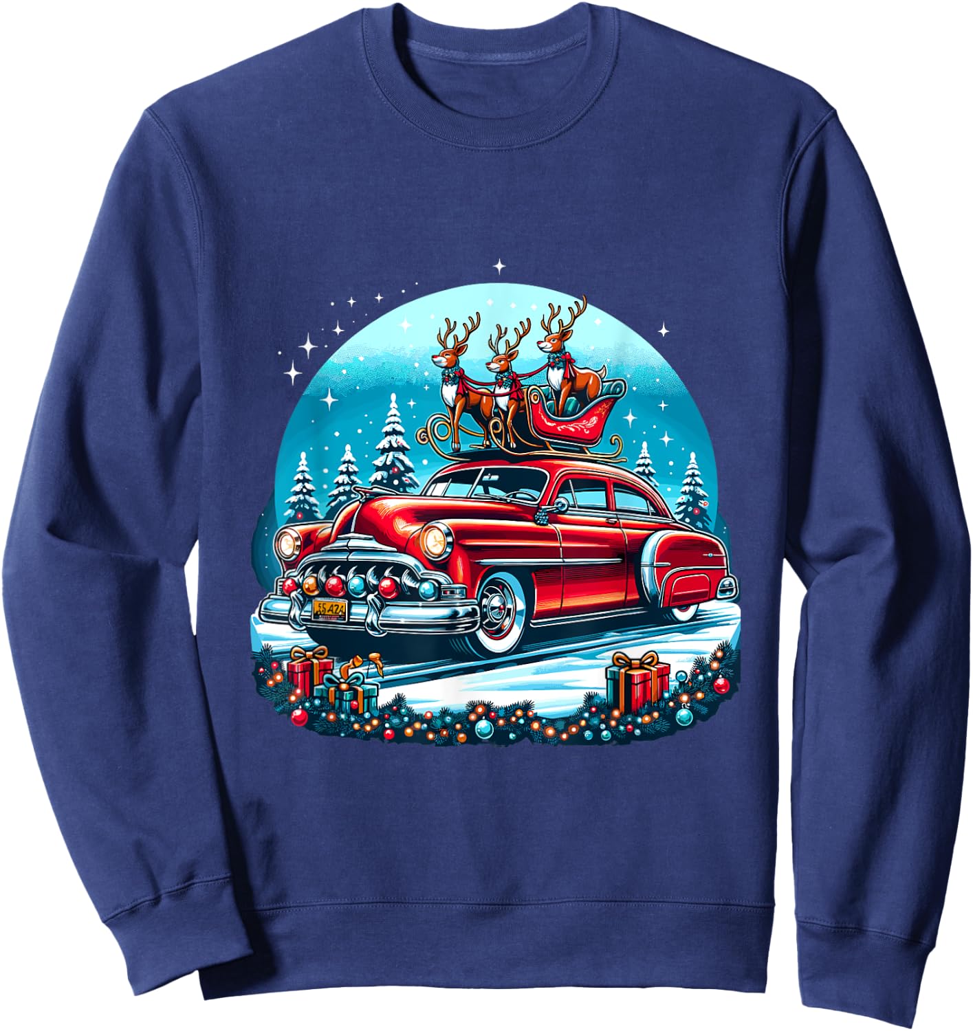 Holiday Roadtrip - Classic Car Christmas Tree Sweatshirt - Sweatshirt | Navy
