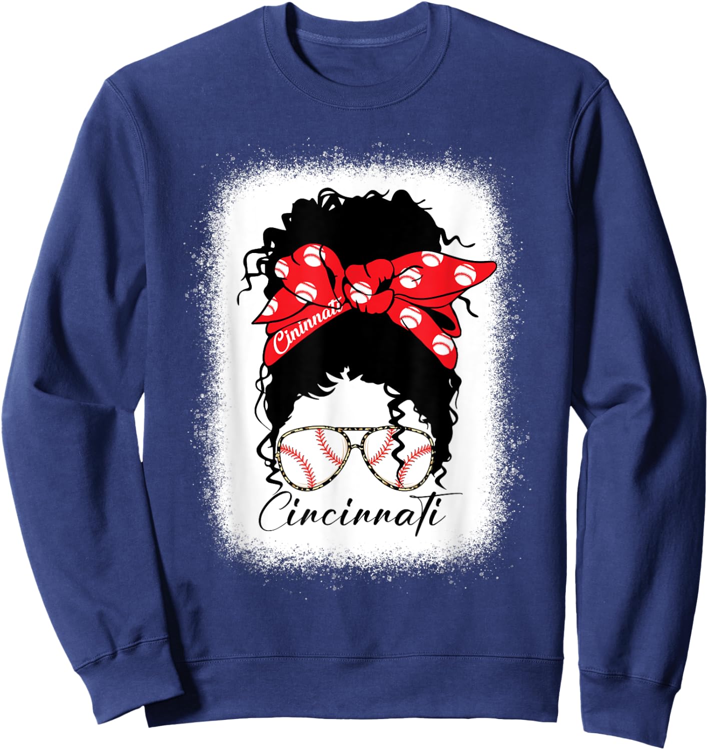 Cincinnati Messy Bun Bleached Baseball Fan I Love Cincinnati Sweatshirt - Sweatshirt | Navy