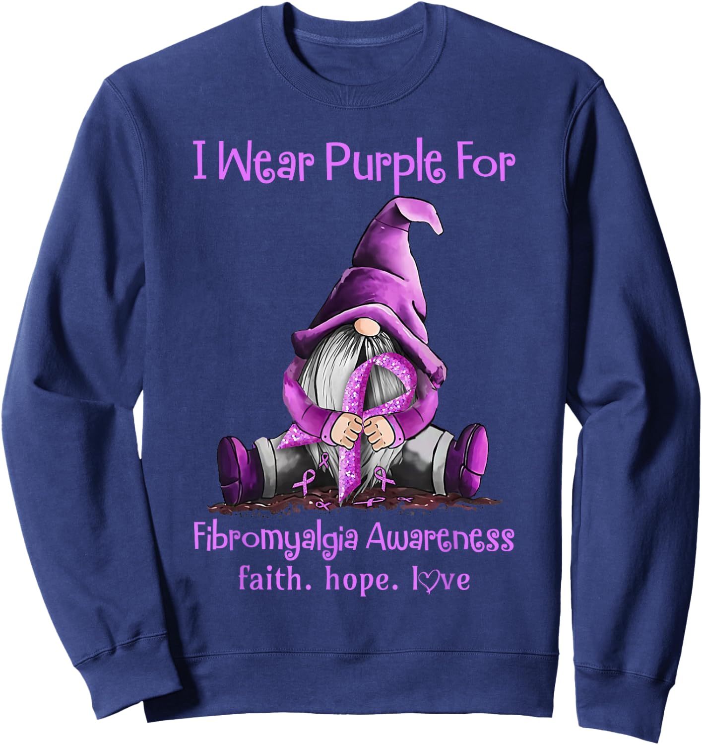 I Wear Purple Gnomes Ribbon Fibromyalgia Awareness Sweatshirt - Sweatshirt | Navy