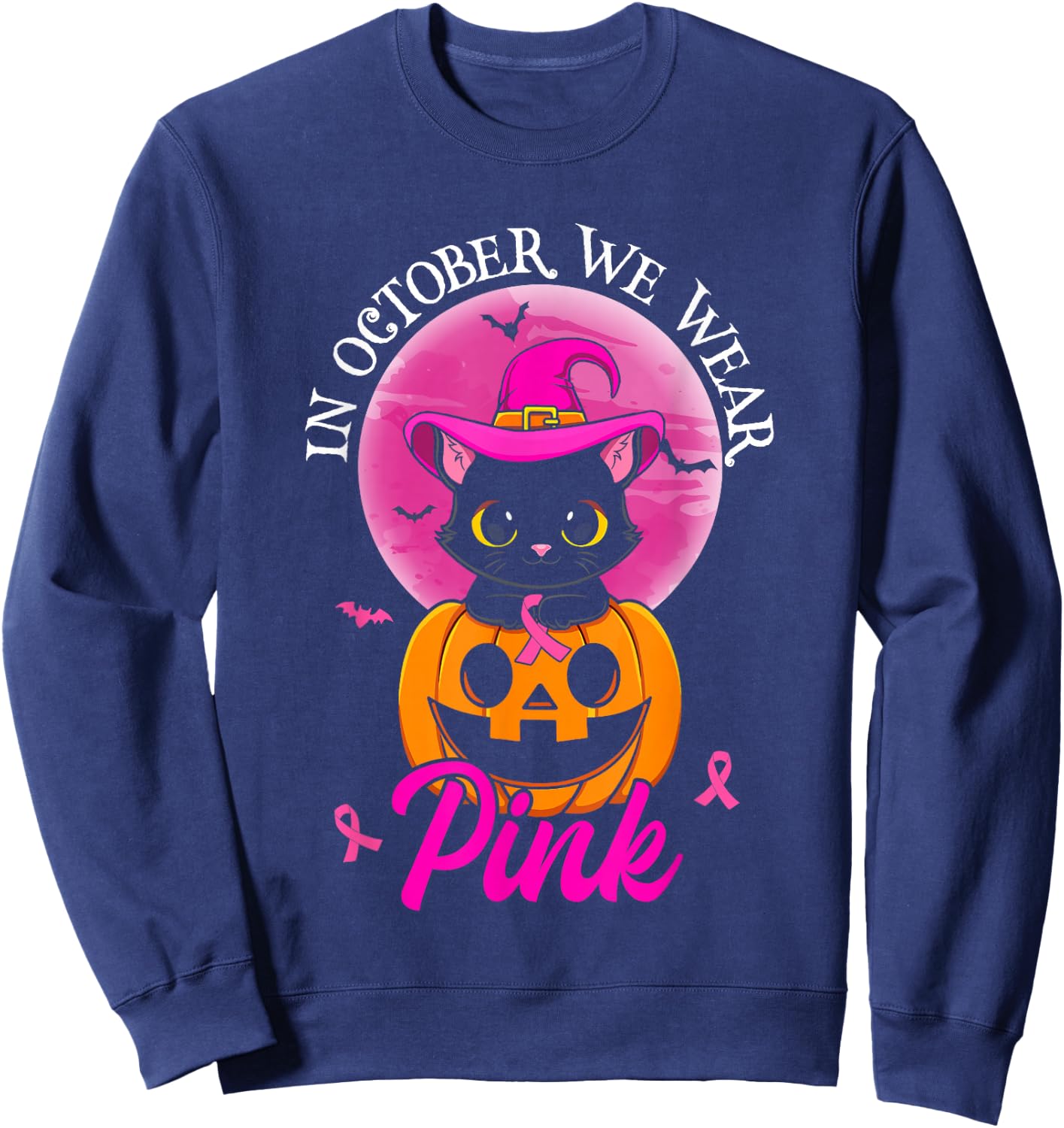 In October We Wear Pink Witch Cat Halloween Breast Cancer Women Girls Kids Sweatshirt - Sweatshirt | Navy