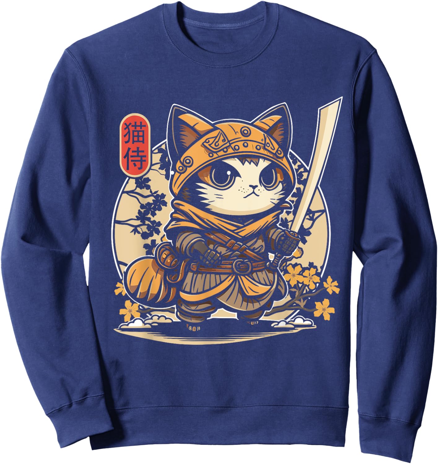 Japanese Samurai Cat Tattoo, Kawaii Ninja Cat Sweatshirt - Sweatshirt | Navy