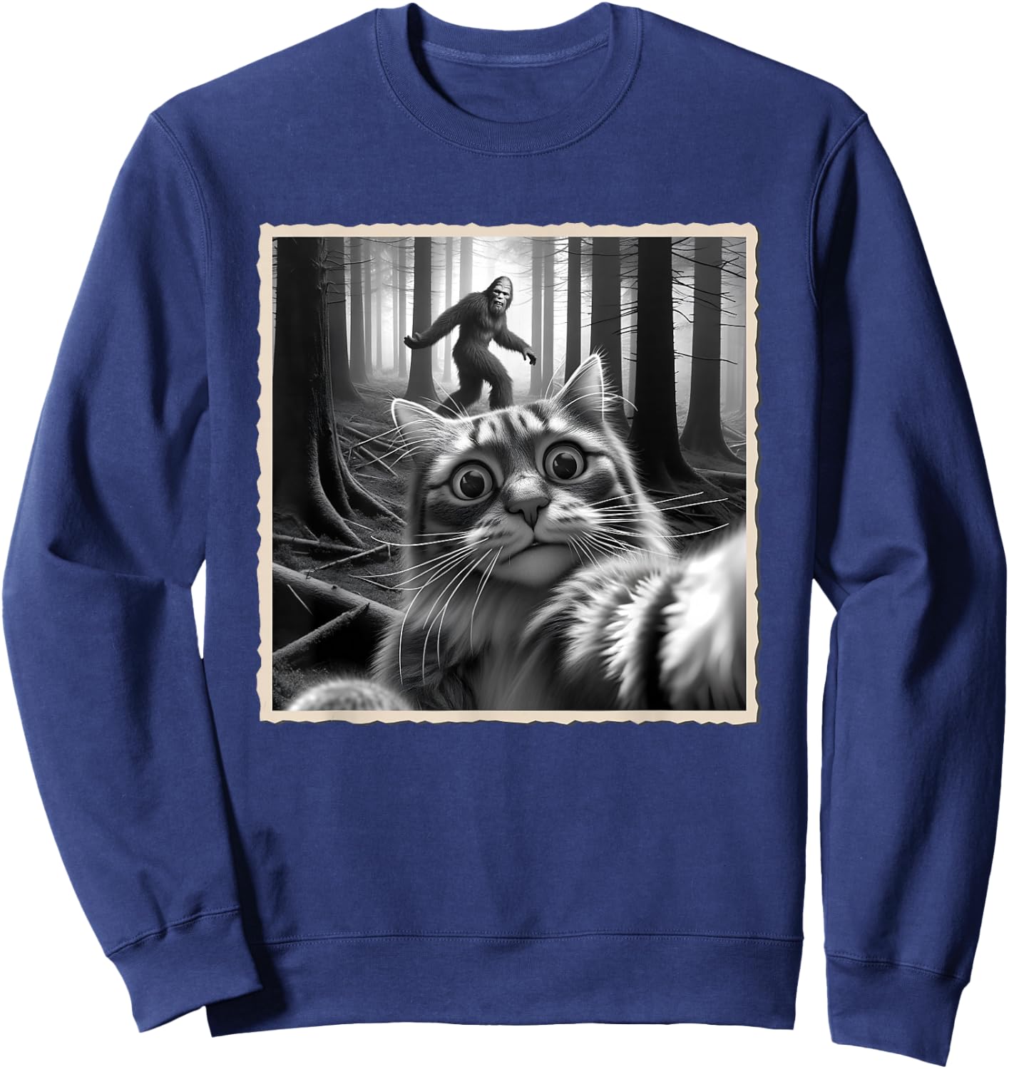 Funny Cat Selfie with Bigfoot, Sasquatch & Humor, Funny Cat Sweatshirt - Sweatshirt | Navy