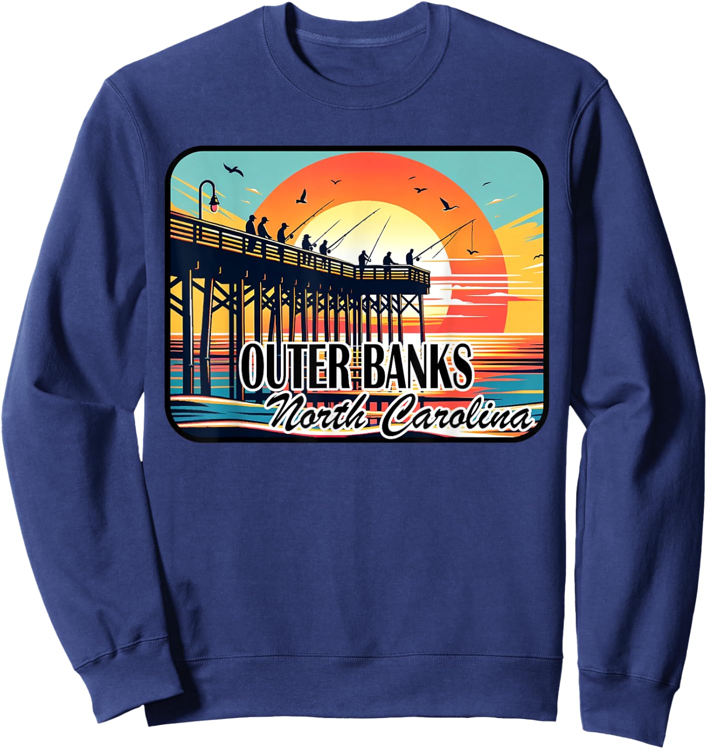 Outer Banks North Carolina Pier Fishing at Dawn Design Sweatshirt - Sweatshirt | Navy