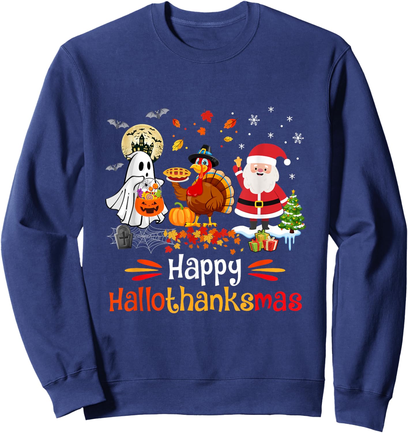 Happy Hallothanksmas Ghost Turkey Pumpkin Christmas Santa Sweatshirt - Sweatshirt | Navy