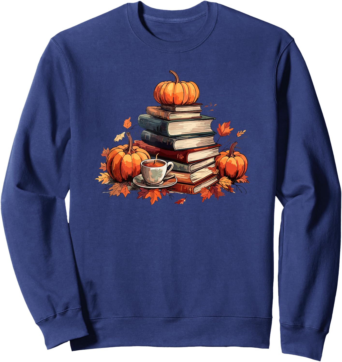 Books Coffee Fall Leaves and Pumpkins Vintage Library Sweatshirt - Sweatshirt | Navy