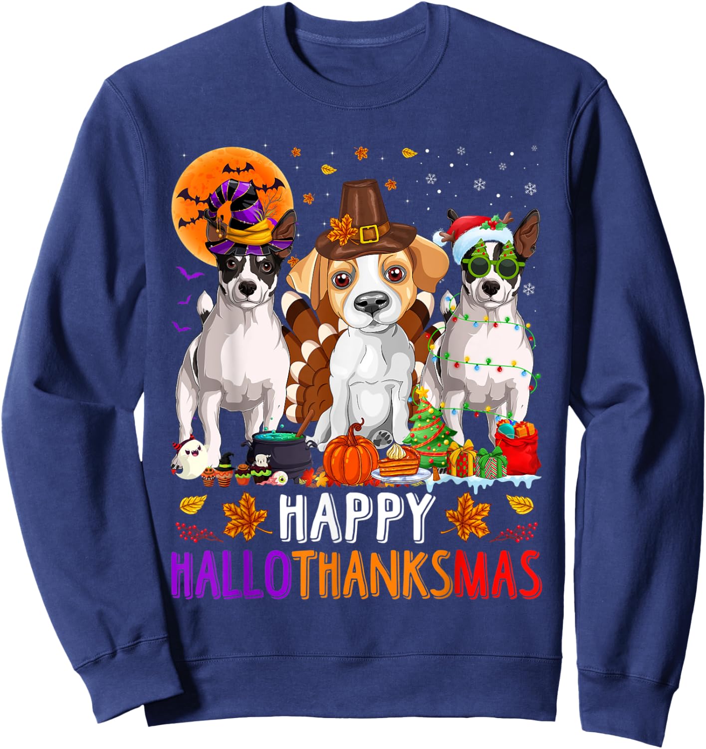 Happy Hallothanksmas Jack Russell Terrier Dog Halloween Xmas Sweatshirt - Sweatshirt | Navy