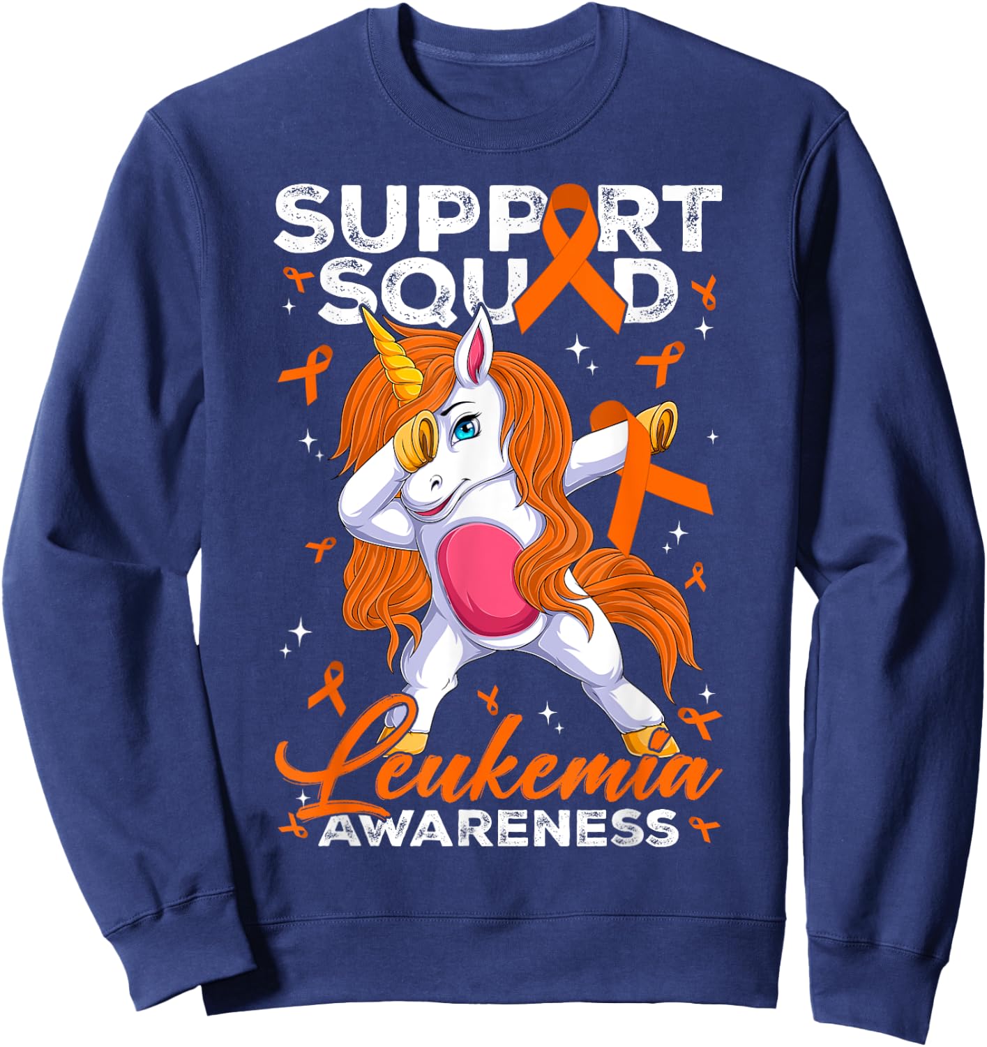 Support Squad Leukemia Awareness Unicorn With Orange Ribbon Sweatshirt - Sweatshirt | Navy