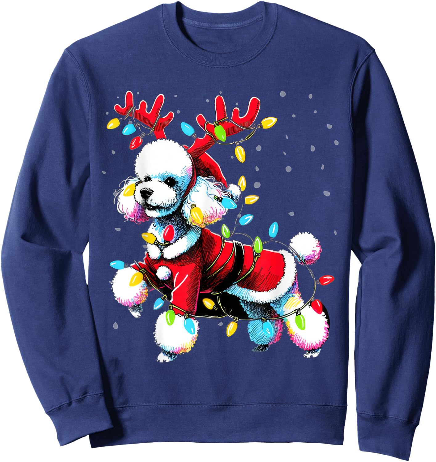 Poodle Santa Christmas Tree Lights, Funny Ugly Pajama Women Sweatshirt - Sweatshirt | Navy