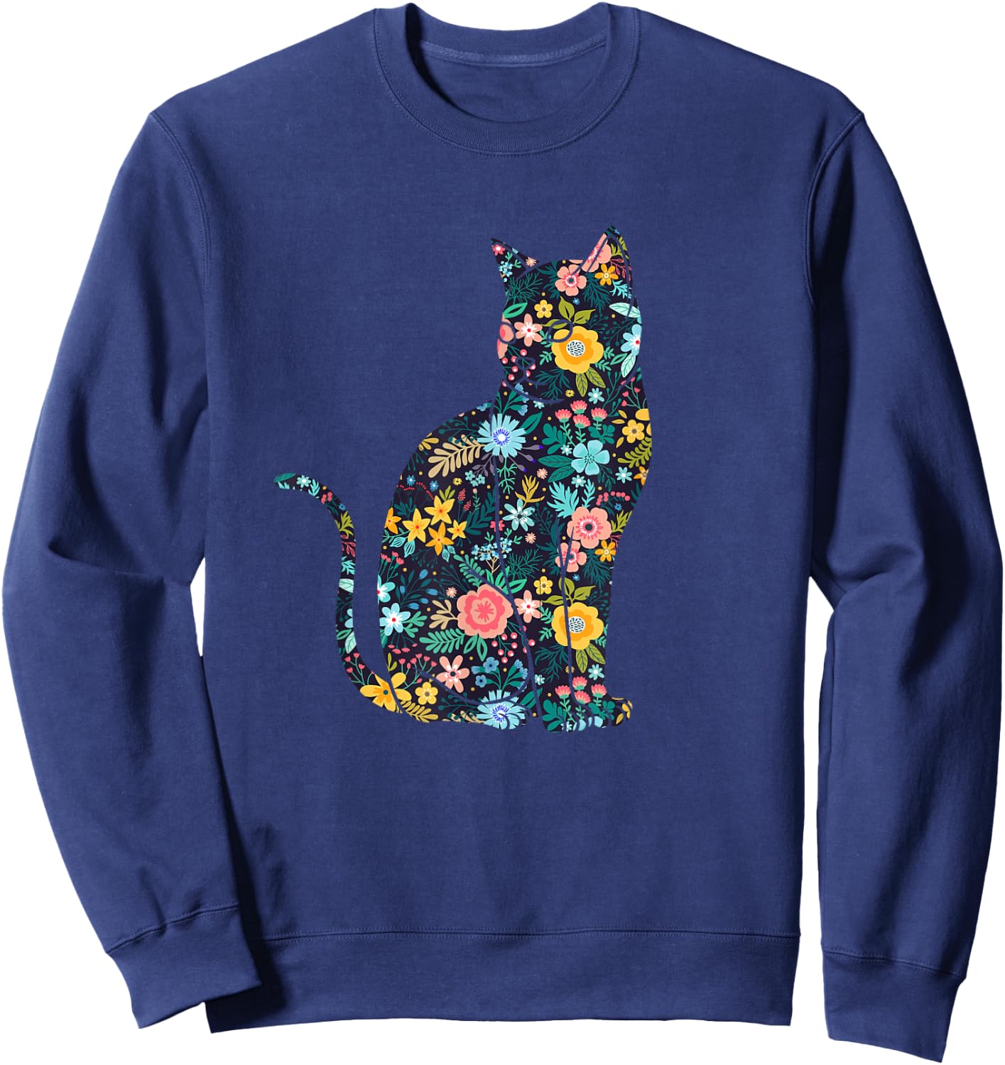 Floral Cat Silhouette Girls Graphic Sweatshirt - Sweatshirt | Navy
