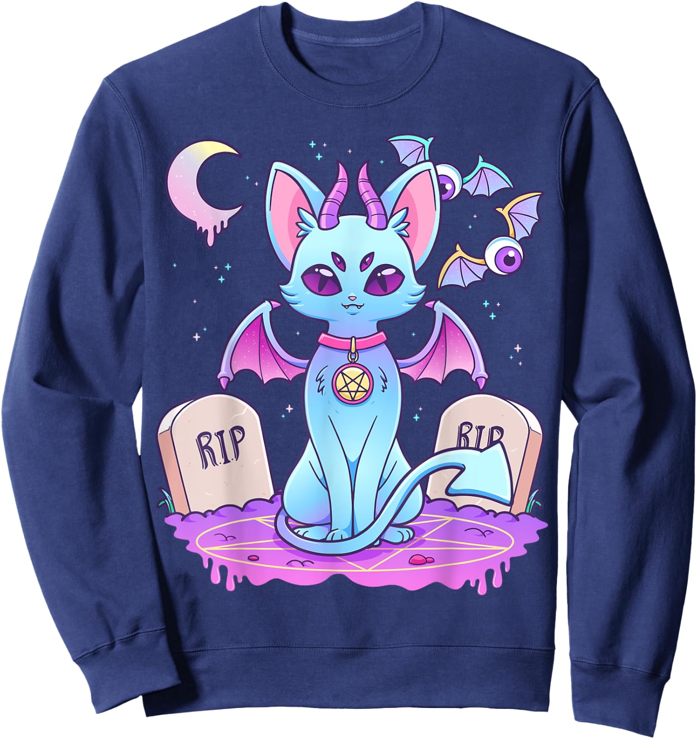 Pastel Goth Creepy Pentagram Cat Kawaii Emo Kitten Nu Goth Men Women Girls Kids Sweatshirt - Sweatshirt | Navy