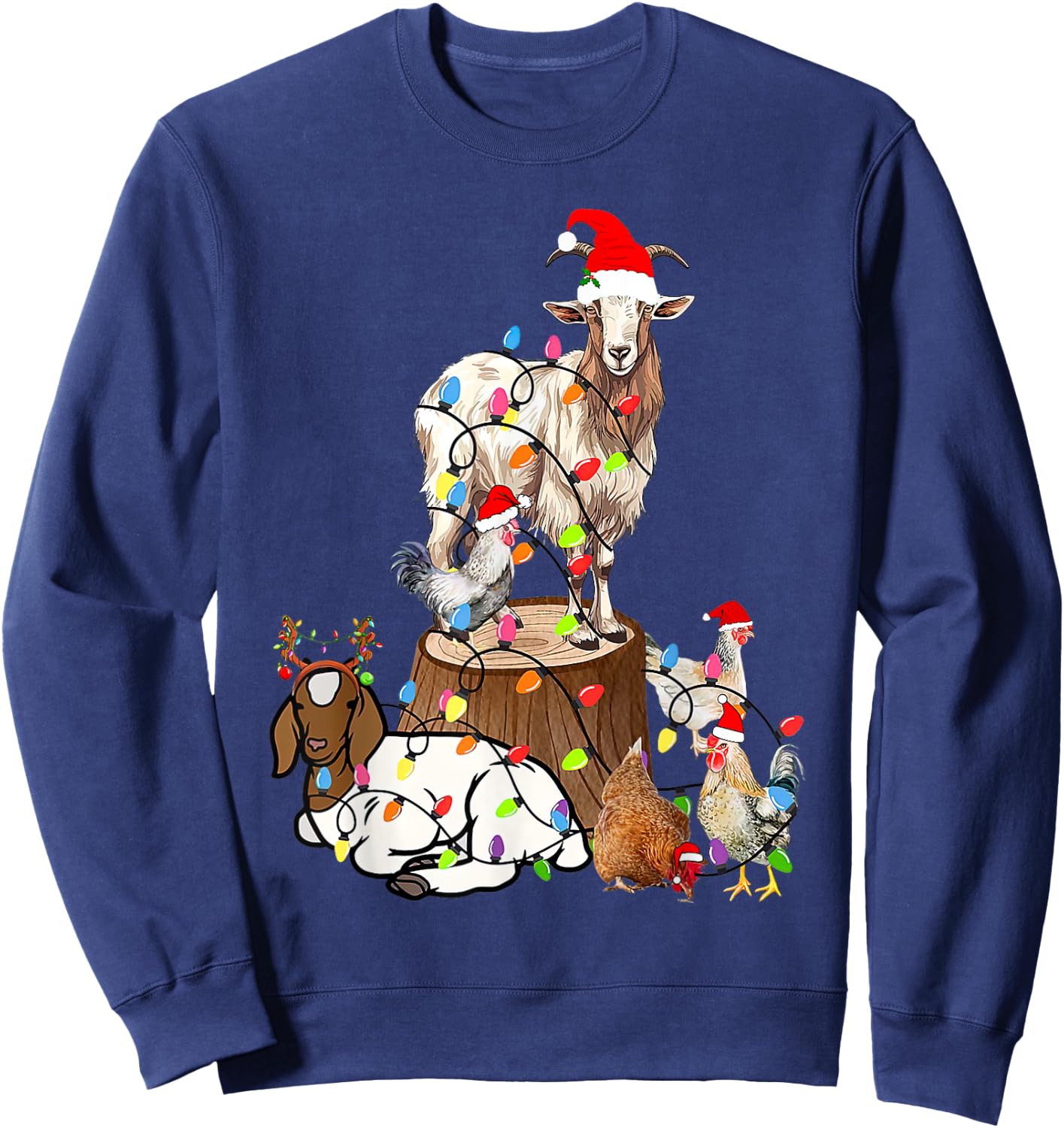 Goat Chicken Santa Hat Reindeer Funny Christmas Lights Farm Sweatshirt - Sweatshirt | Navy