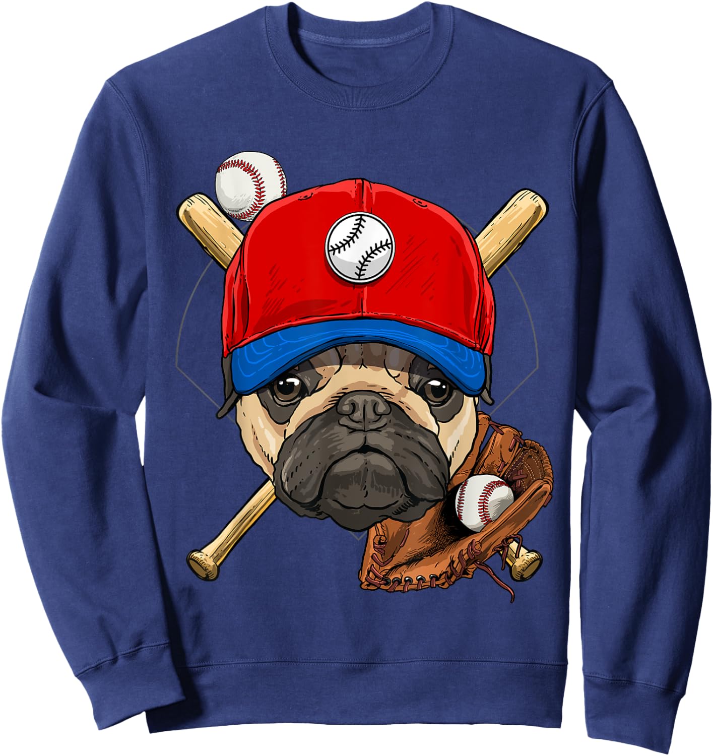 Pawsome -Adults, Kids Baseball , Black, Small, Short Sleeve, Cartoon Pug Baseball Player Applique Sweatshirt - Sweatshirt | Navy