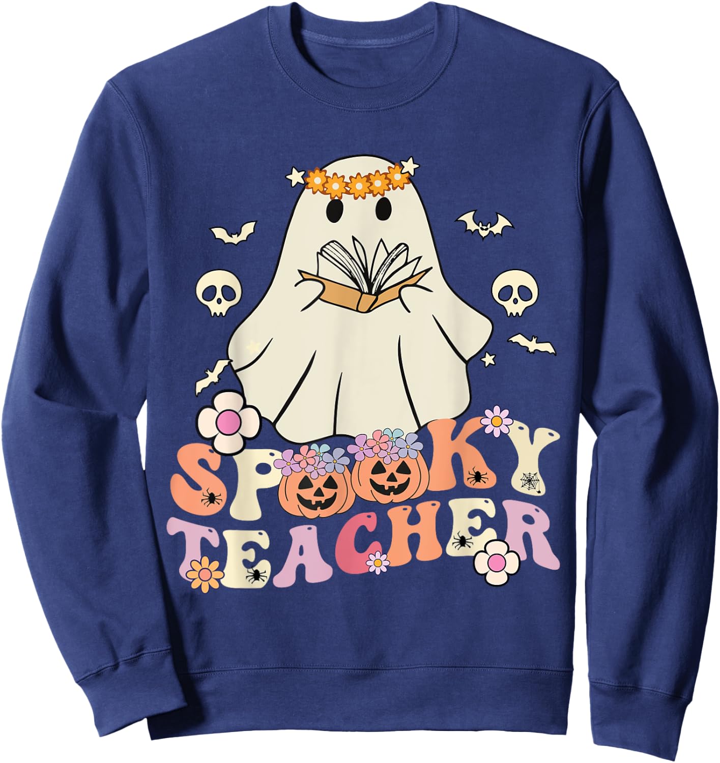 Spooky Teacher Groovy Retro Ghost Teacher Halloween 2023 Women Kids Sweatshirt - Sweatshirt | Navy