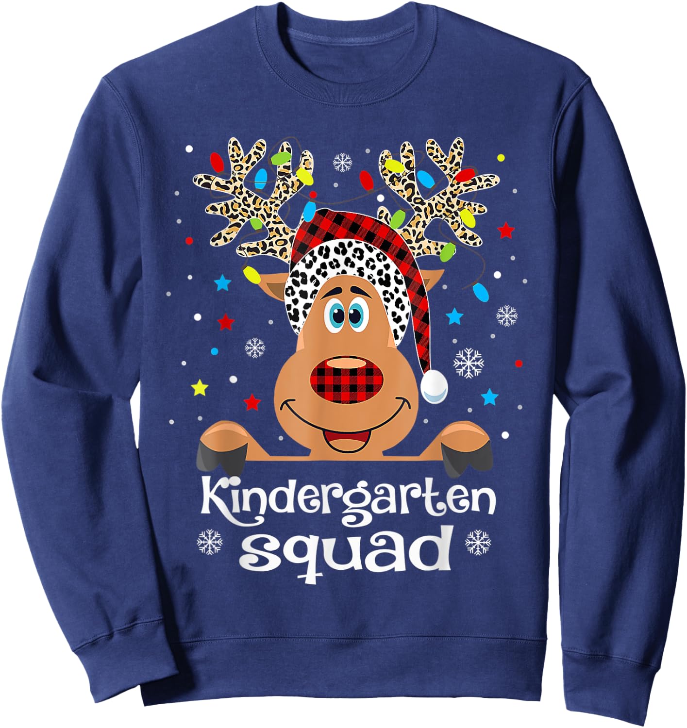 Kindergarten Squad Plaid Reindeer Santa Hat Teacher Men Women Kids Sweatshirt - Sweatshirt | Navy