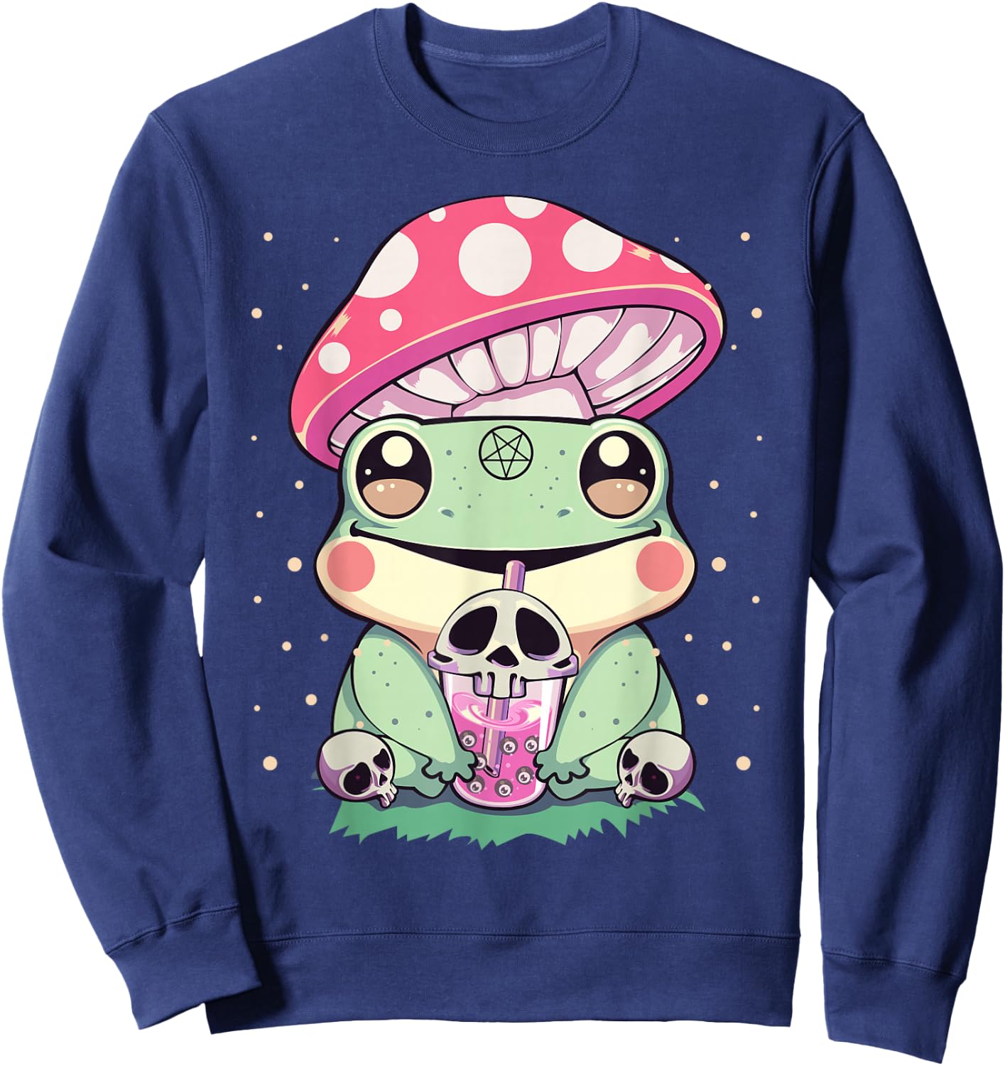 Pastel Goth Kawaii Frog Boba Tea and Mushroom Frog Sweatshirt - Sweatshirt | Navy