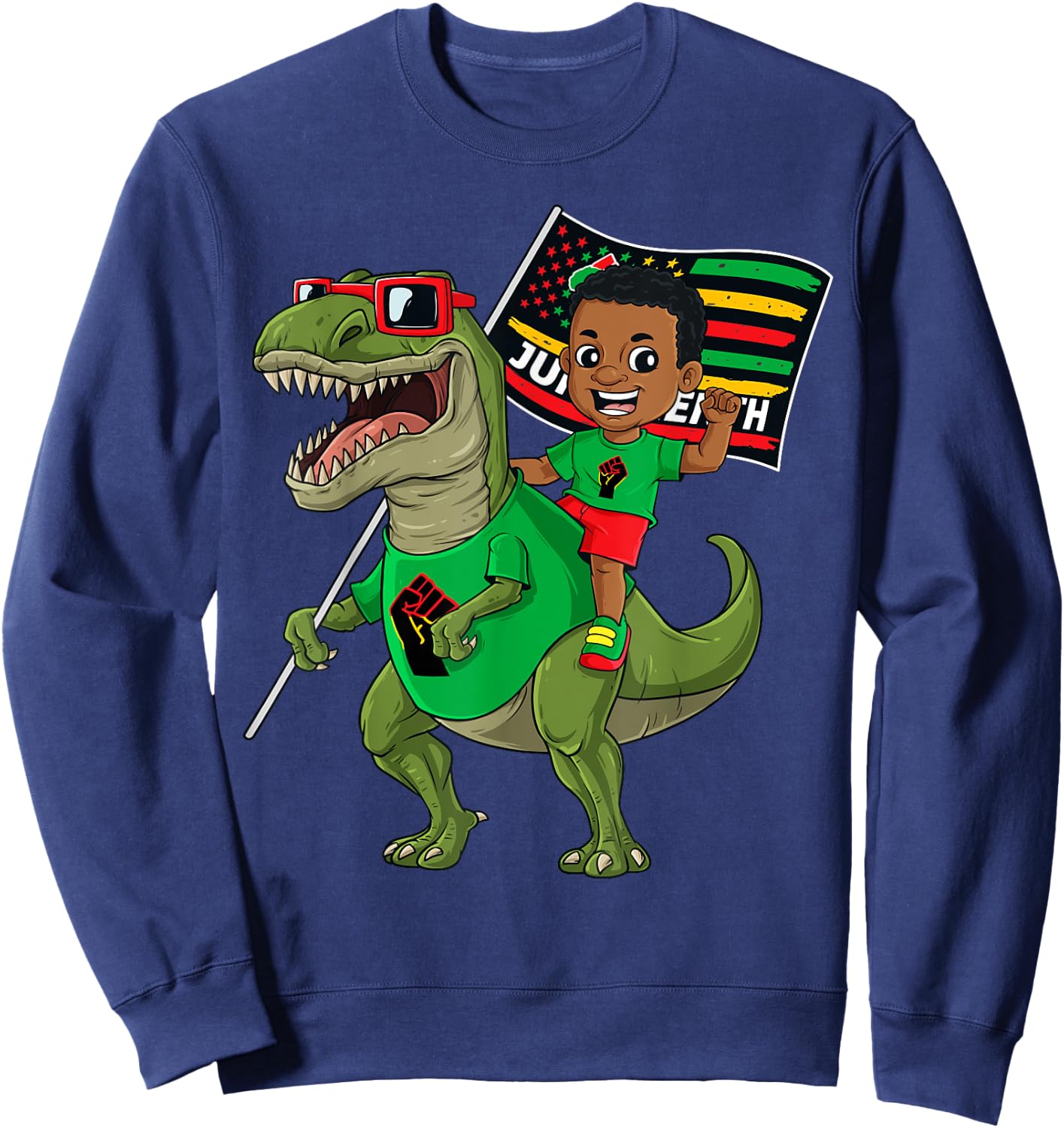 Juneteenth Black King Riding T Rex Dino Funny Boys Kids Flag Sweatshirt - Sweatshirt | Navy