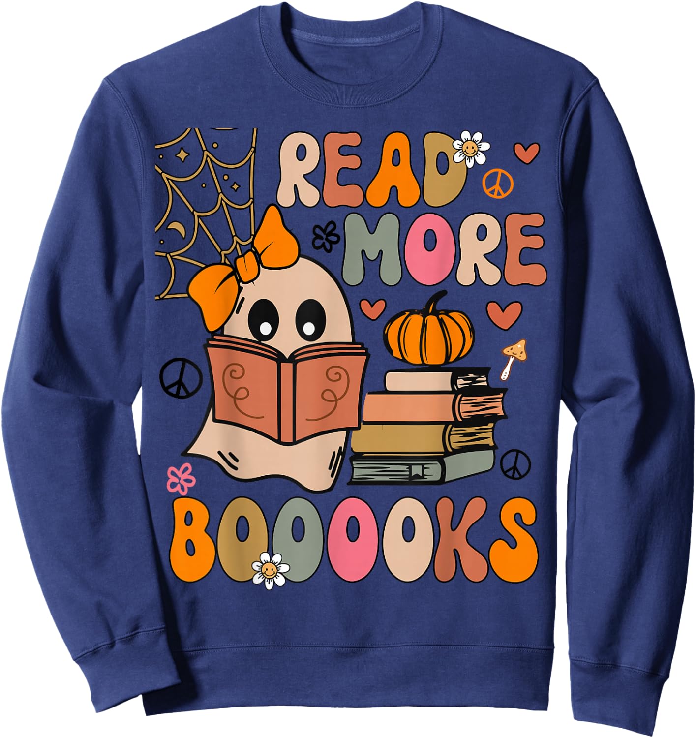 Cute Booooks Ghost Read More Books Funny Teacher Halloween Sweatshirt - Sweatshirt | Navy