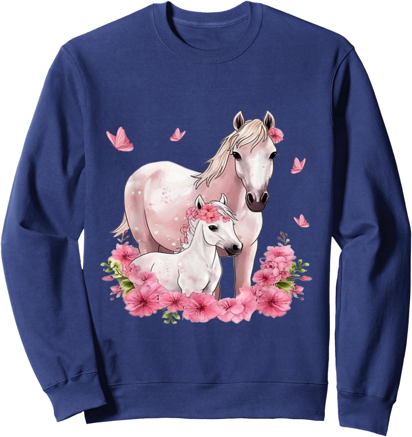 Horse with Foal - Flowers and Butterflies Sweatshirt - Sweatshirt | Navy