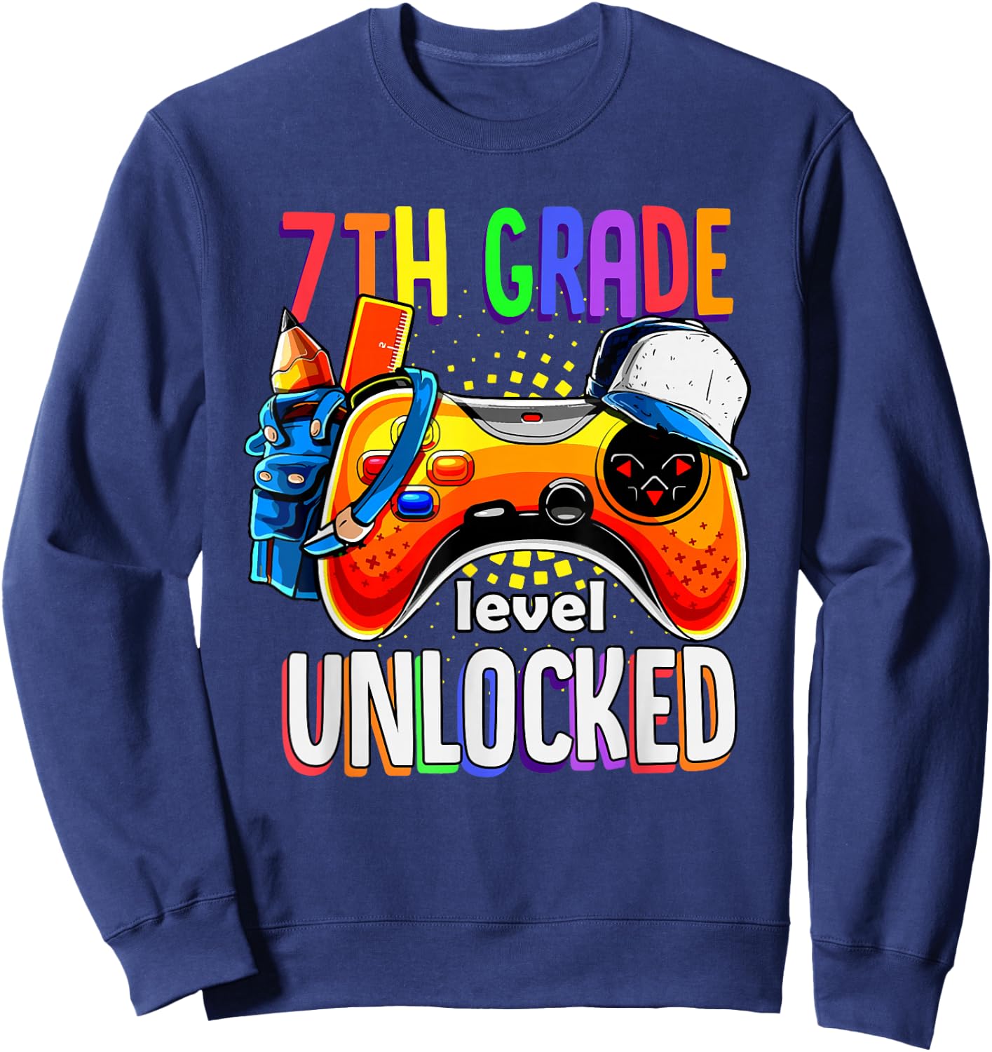 Gamer Back To School 7th Seventh Grade Level Unlocked Sweatshirt - Sweatshirt | Navy