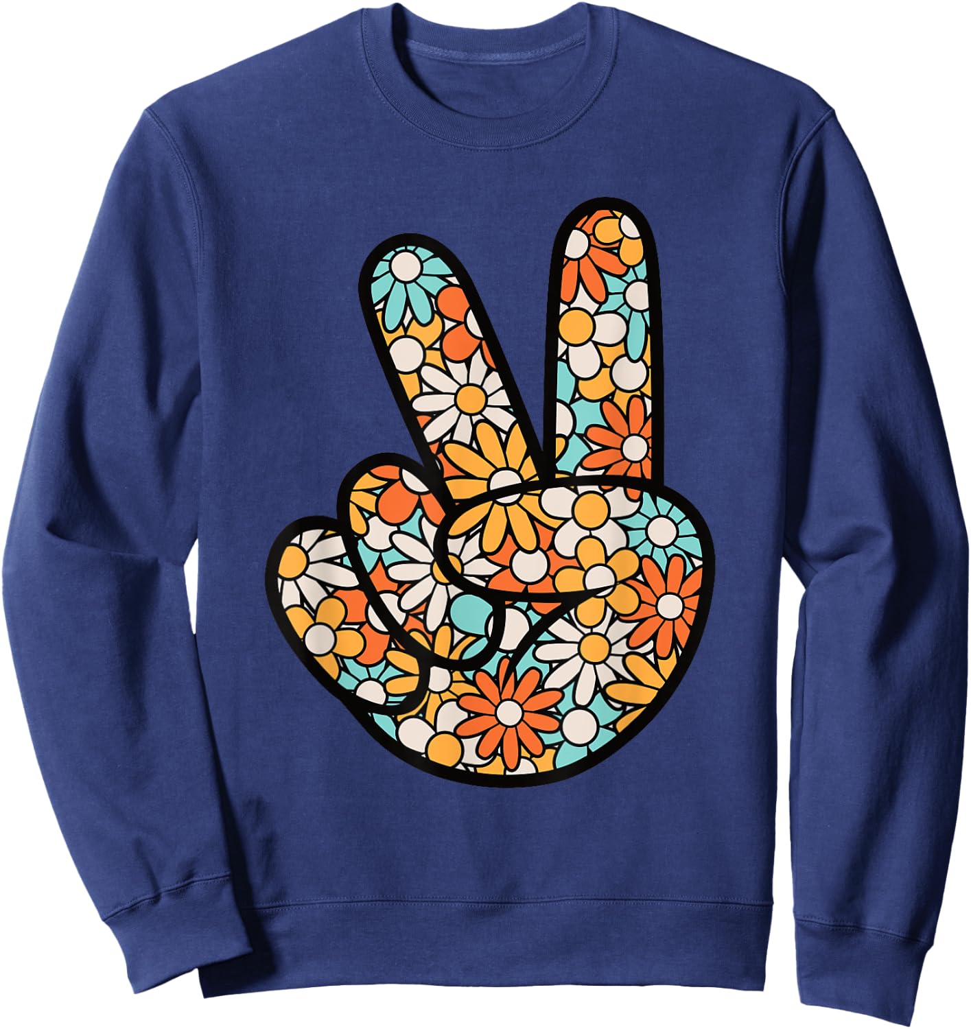 Peace Hand Sign Hippie Flower Groovy 60s 70s Party Outfit Sweatshirt - Sweatshirt | Navy