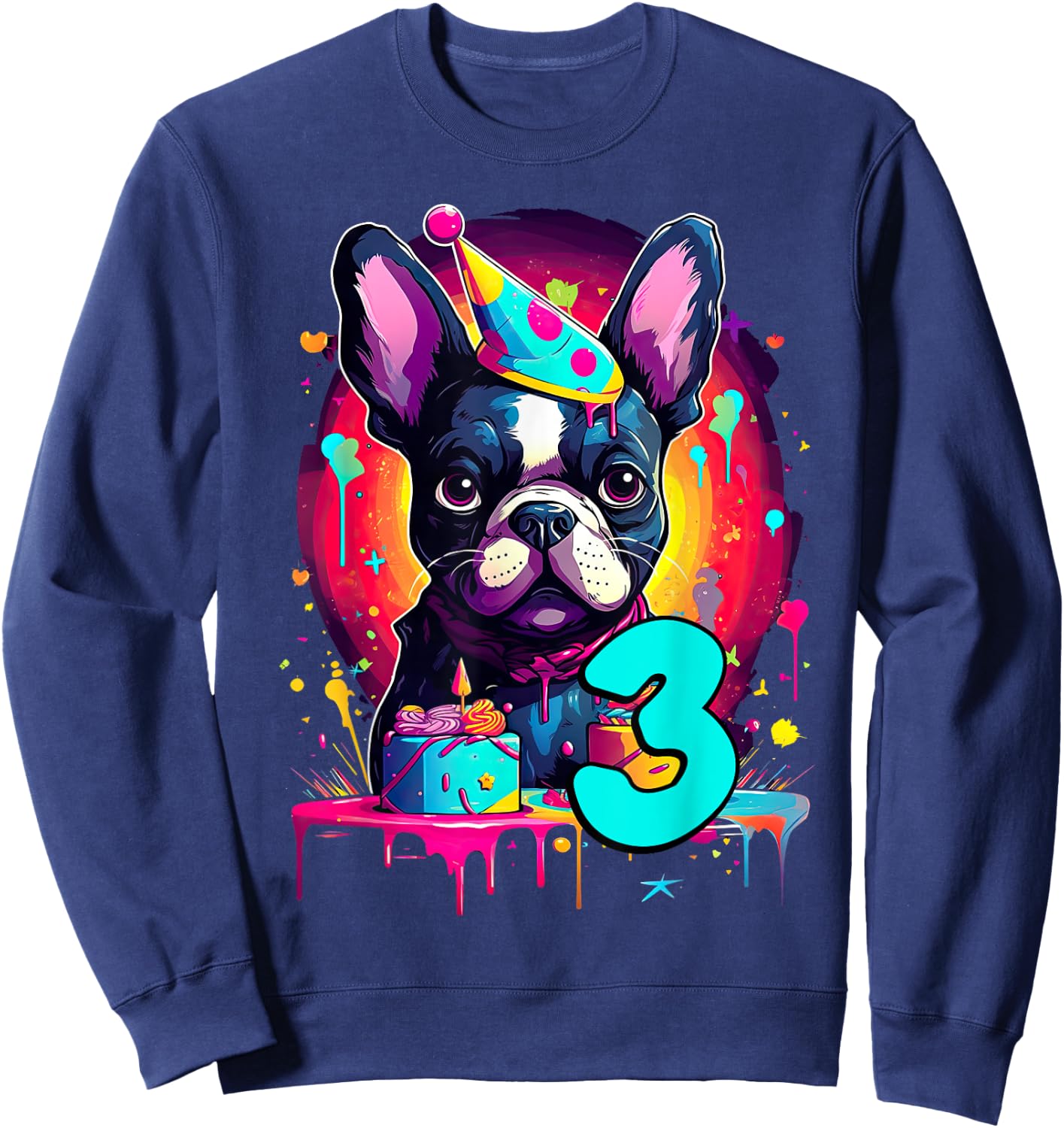 French Bulldog Dog 3rd Birthday Themed Party 3 Years Old Men Women Kids Sweatshirt - Sweatshirt | Navy