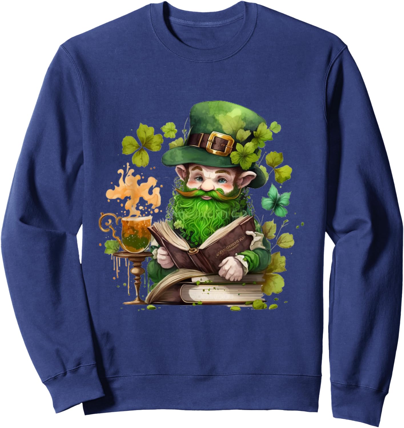 leprechaun Reading Books shamrock saint Patrick's day Sweatshirt - Sweatshirt | Navy