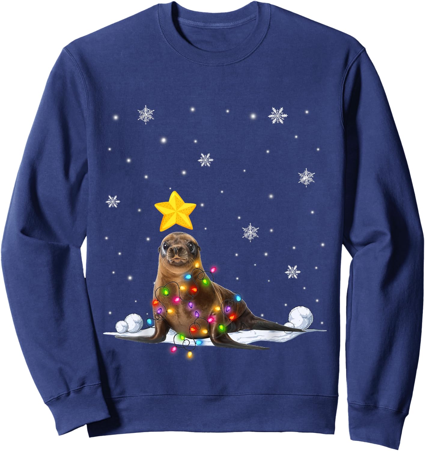 Funny Xmas Sea lion Animals Lover Christmas Tree Lights Sweatshirt - Sweatshirt | Navy