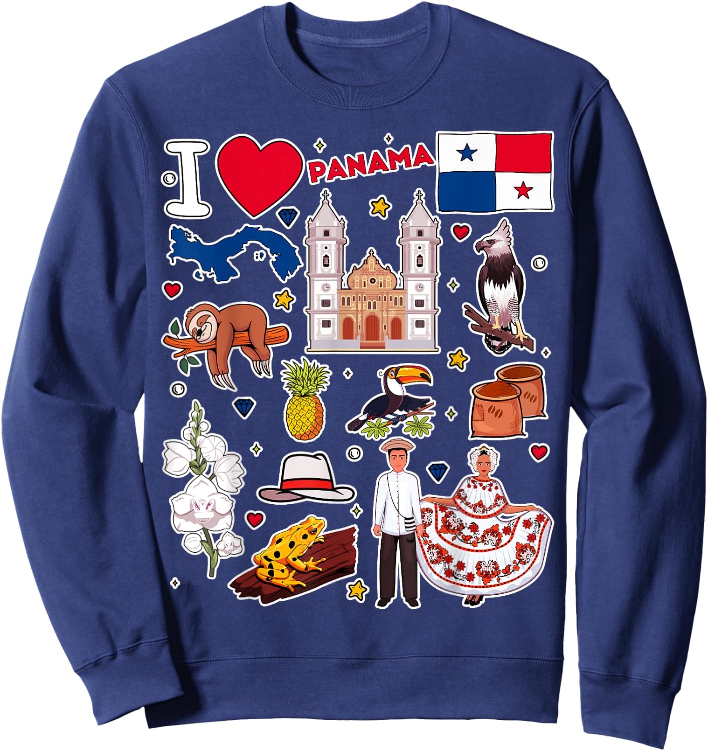 Panamanian hand drawn symbols, Panama map, cultural icons Sweatshirt - Sweatshirt | Navy