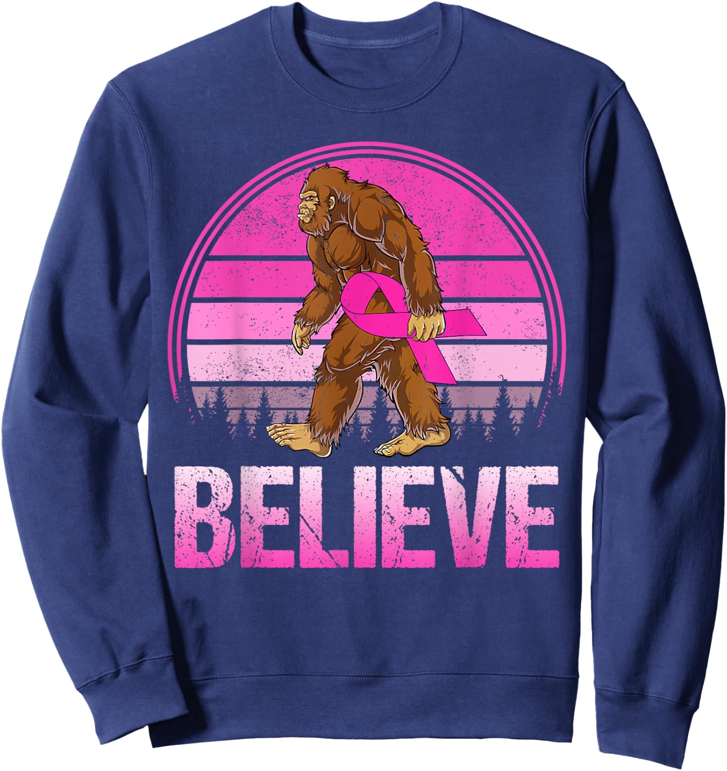 Retro Believe Breast Cancer Bigfoot & Pink Ribbon Sasquatch Sweatshirt - Sweatshirt | Navy