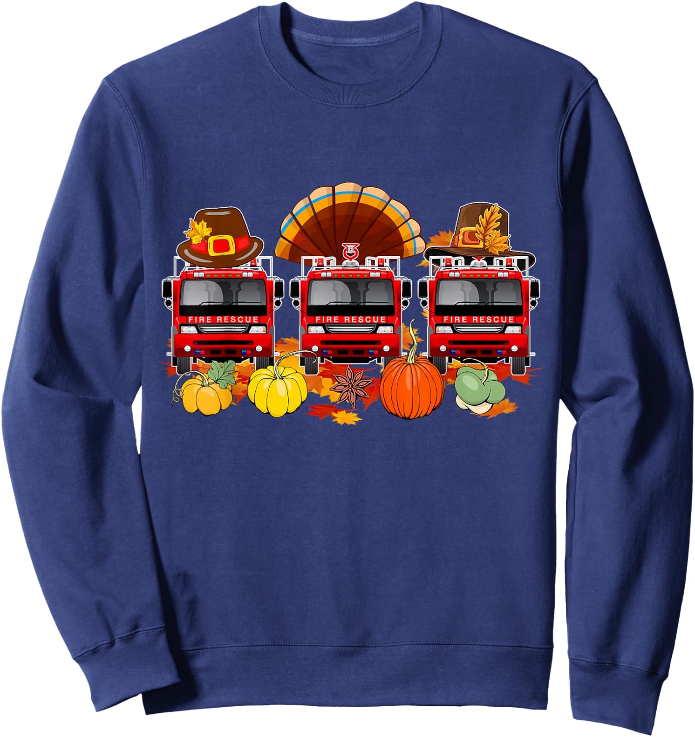Thanksgiving Three Cute Fire Trucks As Turkey Autumn Driver Sweatshirt - Sweatshirt | Navy