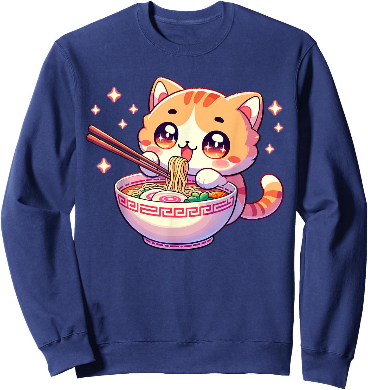 Japanese Kawaii Kitten Anime Cat Eating Ramen Women Girls Sweatshirt - Sweatshirt | Navy