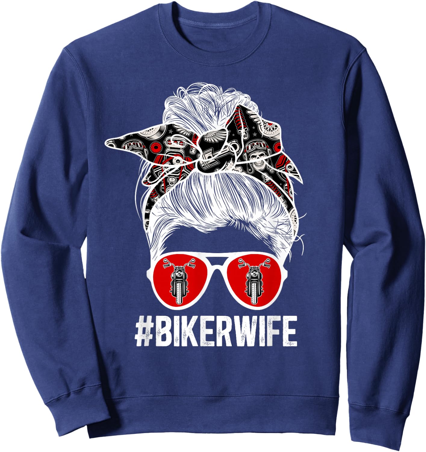Cute Biker Wife Anniversary Biker Wife Messy Bun Motorcycle Wife - Black, Small Sweatshirt - Sweatshirt | Navy