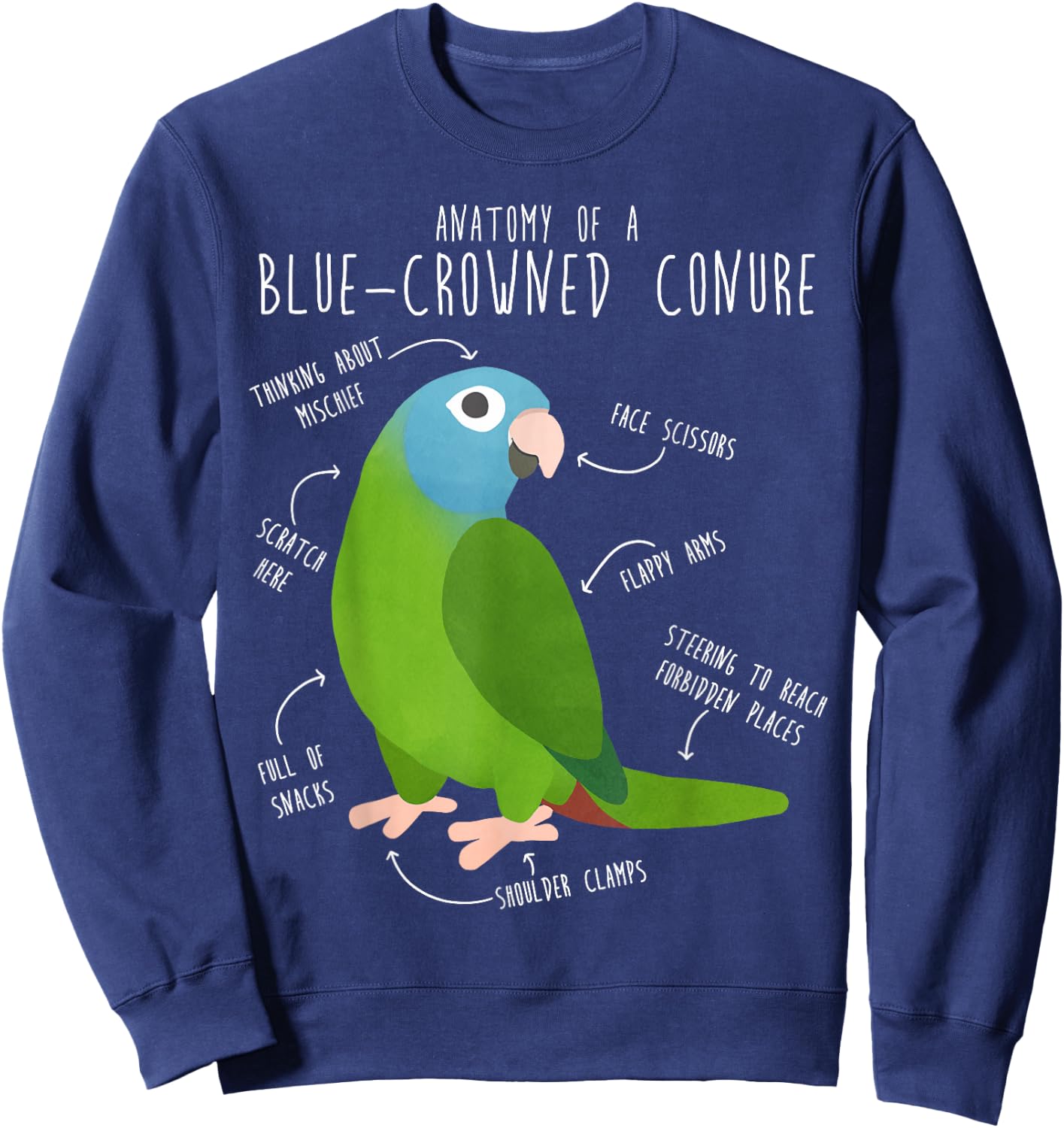 Blue-Crowned Conure Parrot Anatomy, Funny Cute Pet Bird Mom Sweatshirt - Sweatshirt | Navy