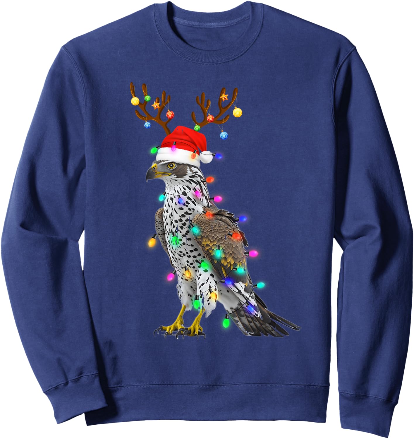 Santa Hat Funny Falcon Tree Xmas Light Bird Christmas Sweatshirt - Sweatshirt | Navy