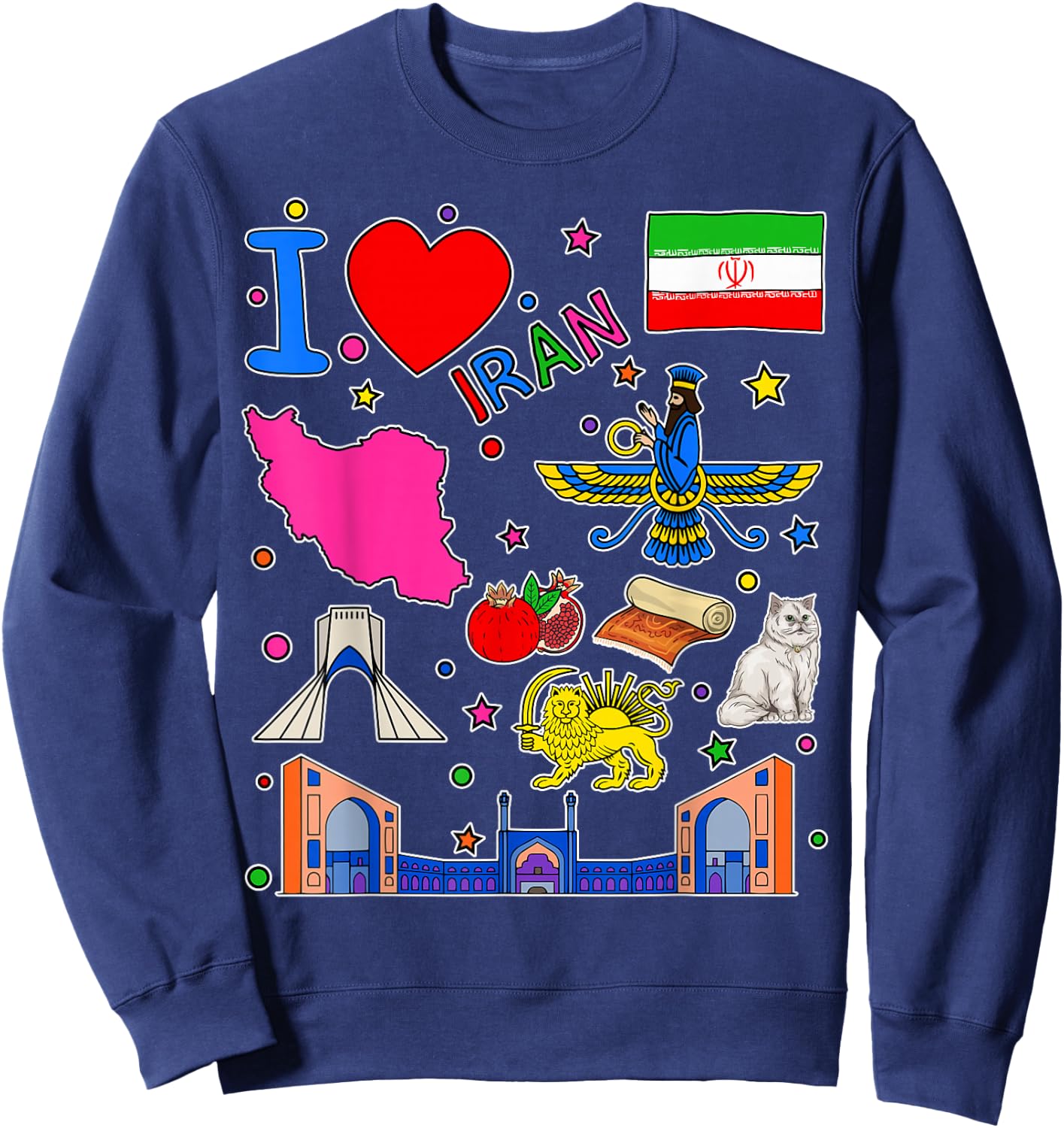 Iranian hand drawn landmarks, Iran map, Culture icons Sweatshirt - Sweatshirt | Navy