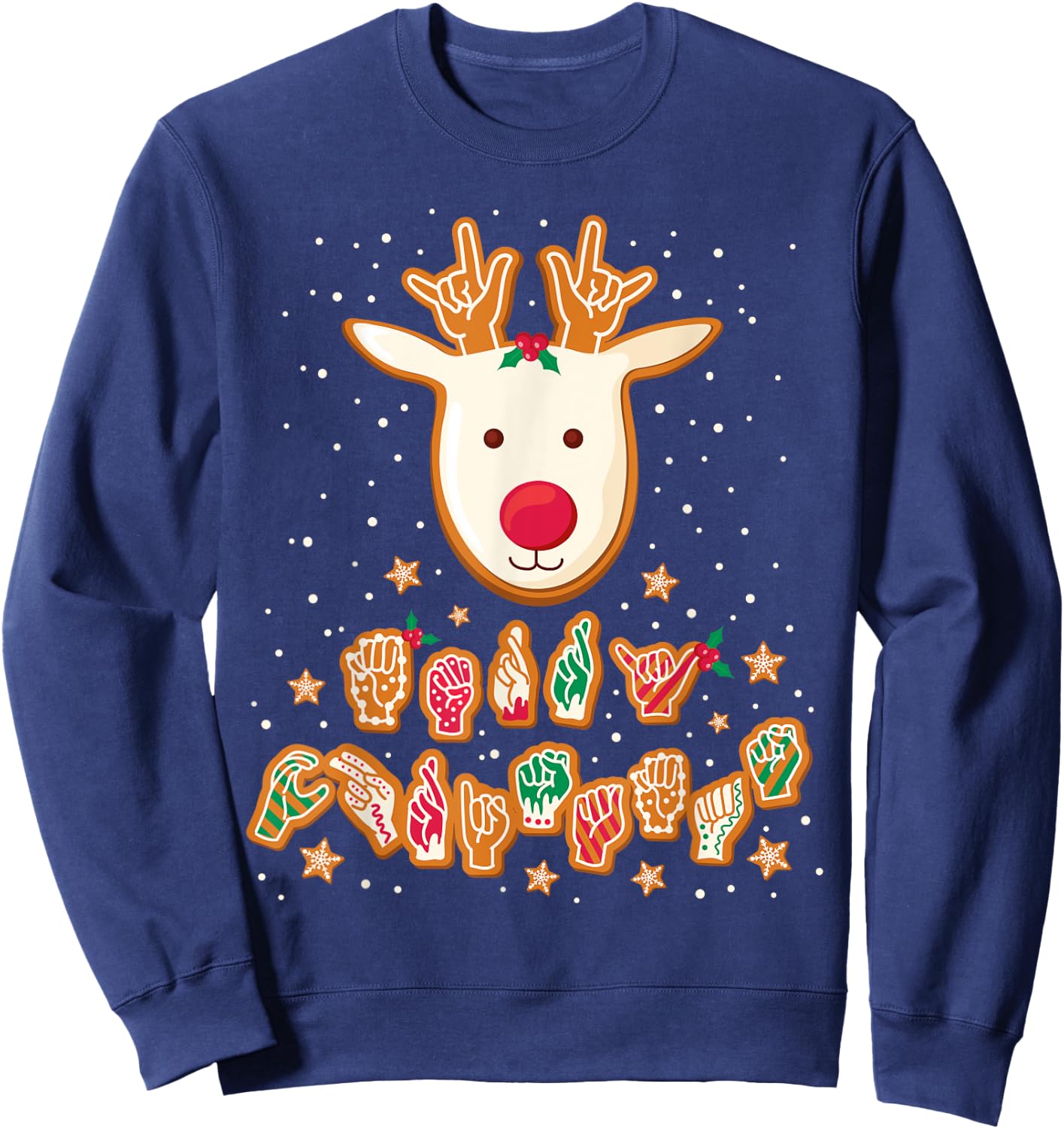 ASL Christmas Reindeer American Sign Language Gingerbread Sweatshirt - Sweatshirt | Navy