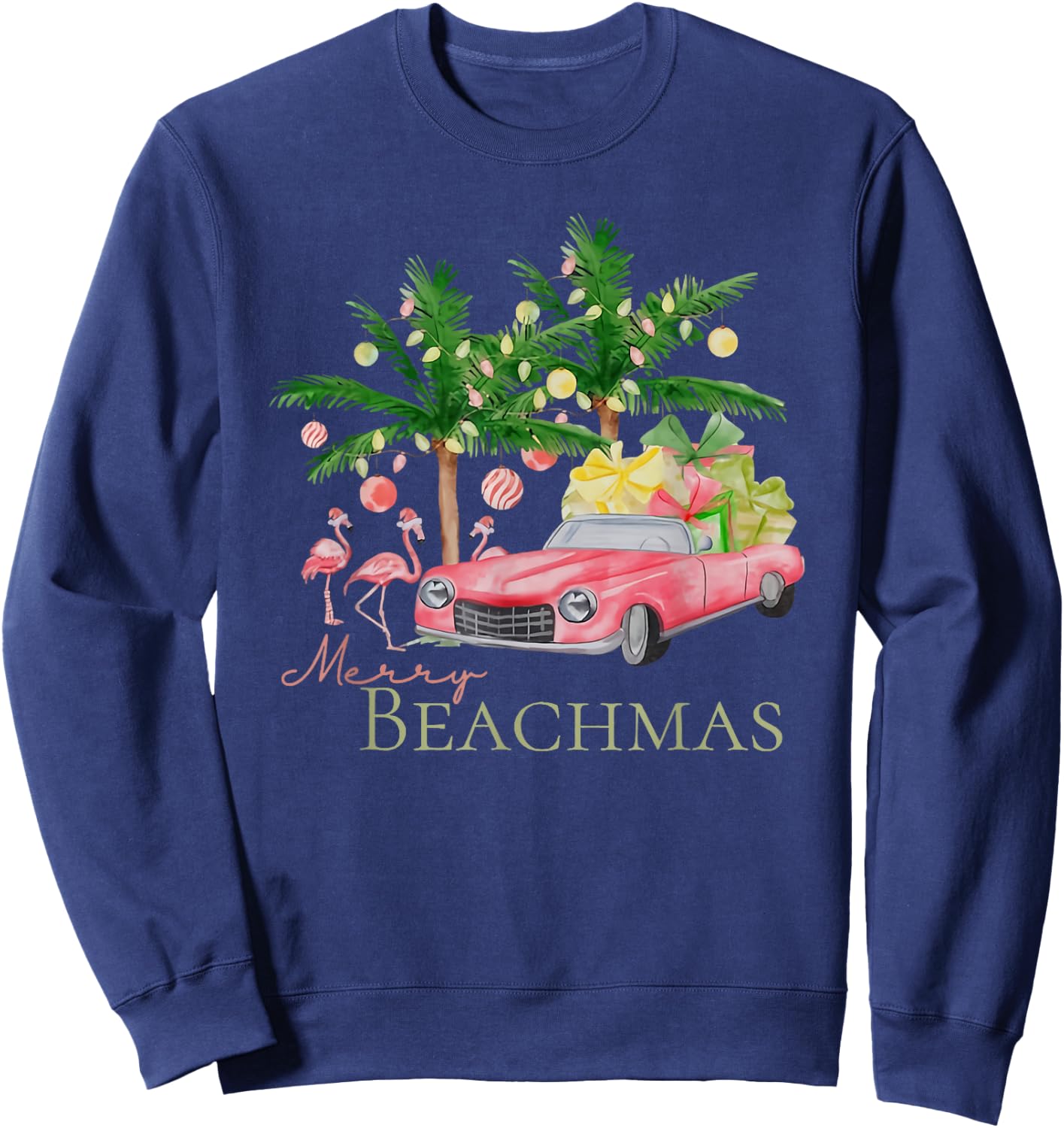 Merry Beachmas Tropical Christmas Santa Flamingo Hawaii Men Women Sweatshirt - Sweatshirt | Navy