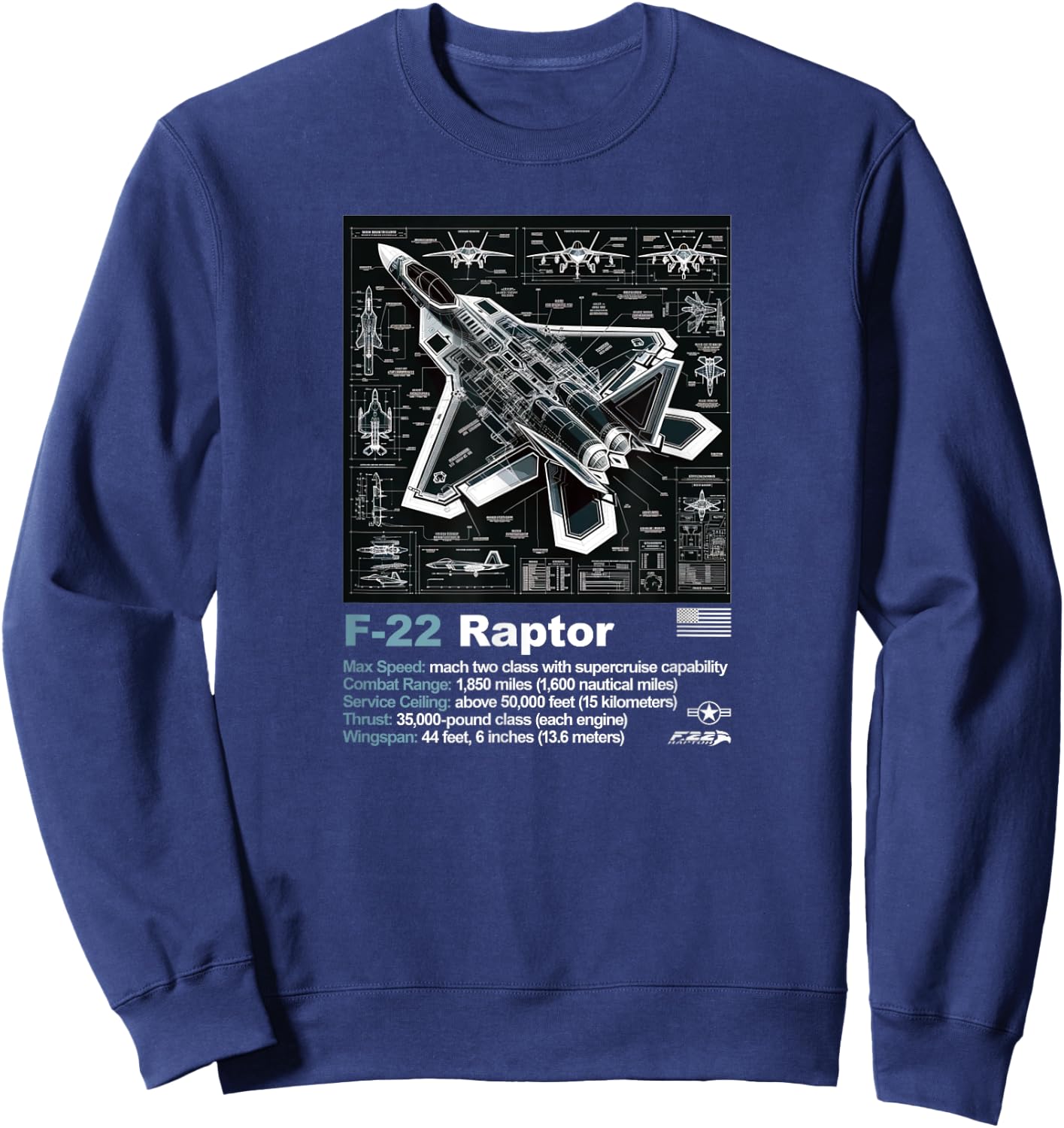 F22 Raptor Fighter Jet Blueprint Technical Drawing & Specs Sweatshirt - Sweatshirt | Navy