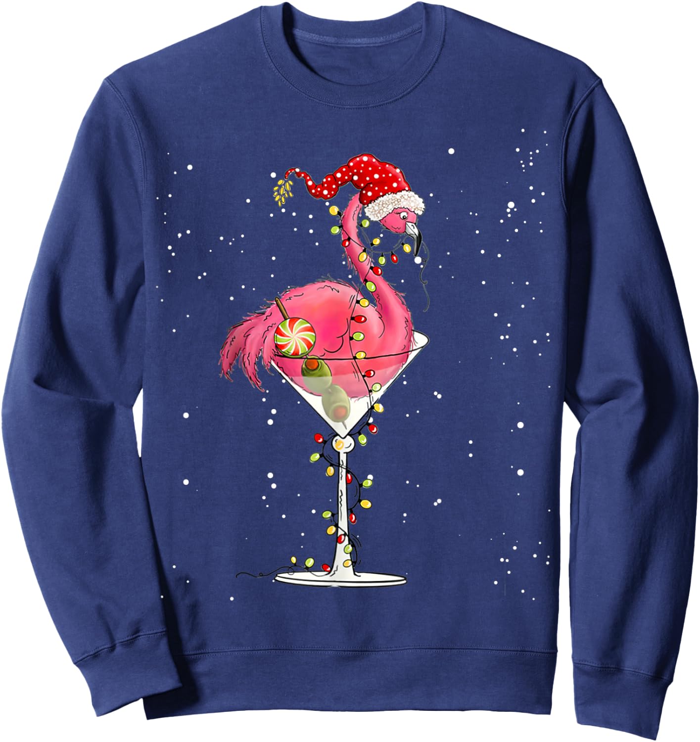 Merry Christmas Pink Flamingo Wine Drinking Lights Xmas Tree Sweatshirt - Sweatshirt | Navy