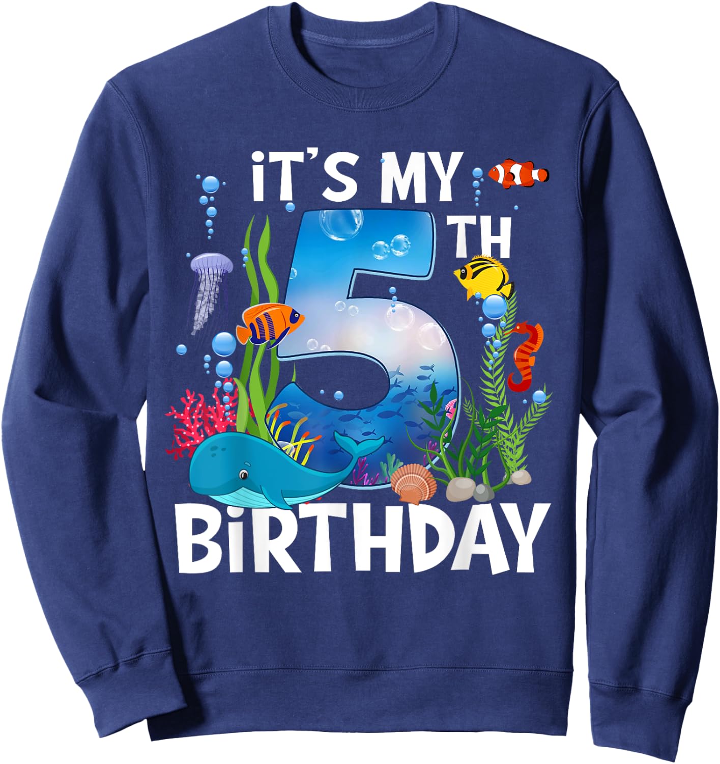 Kids 5 Year Old Ocean Life Whale Dolphin Shark 5th Birthday Sweatshirt - Sweatshirt | Navy