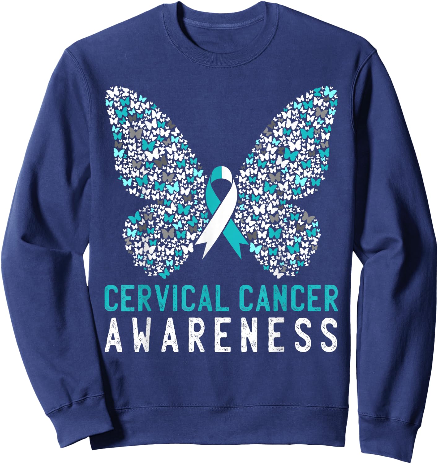 Butterfly Cervical Cancer Awareness Month White Teal Ribbon Sweatshirt - Sweatshirt | Navy