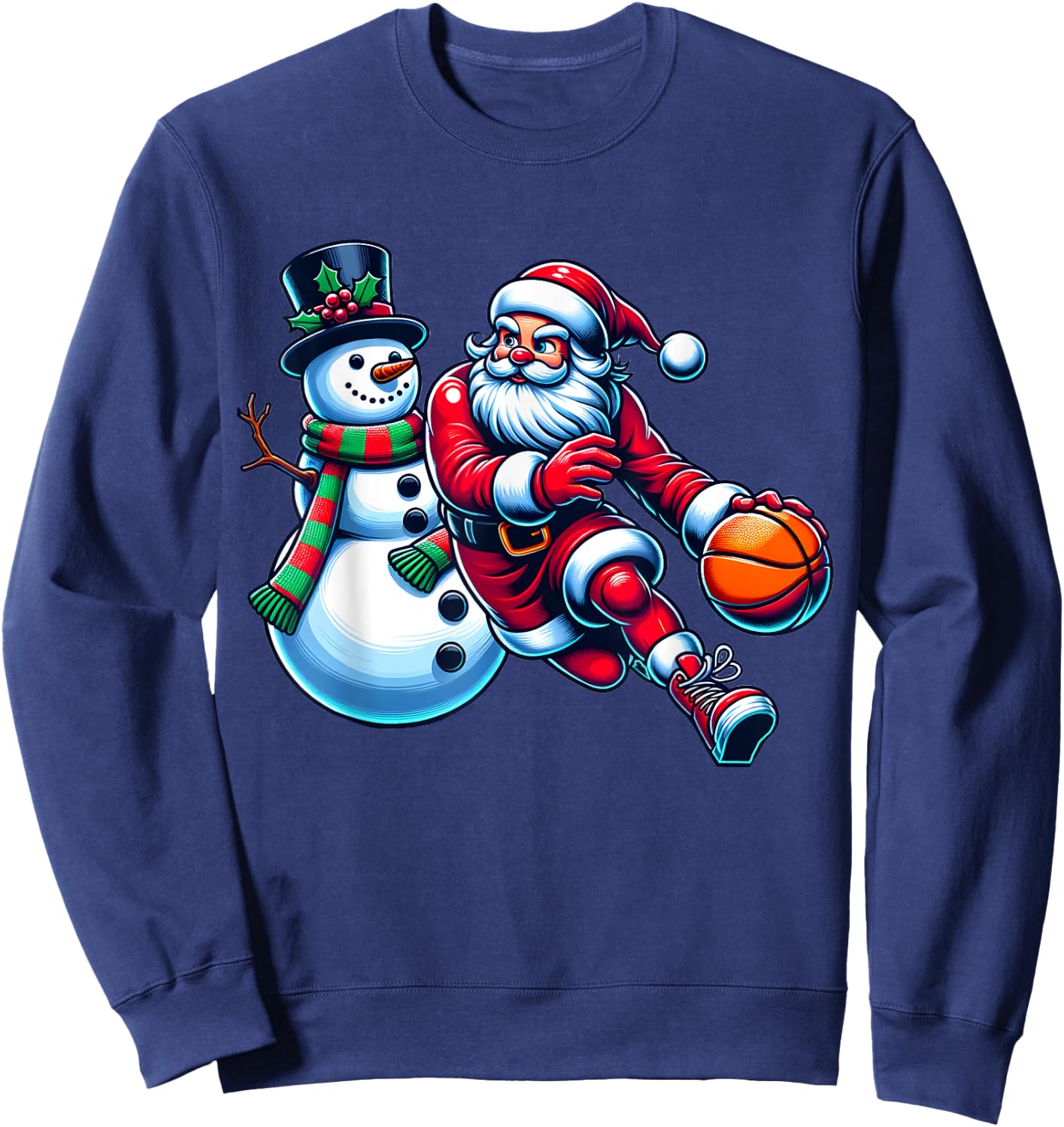 Santa Playing Basketball With A Snowman Christmas Sweatshirt - Sweatshirt | Navy