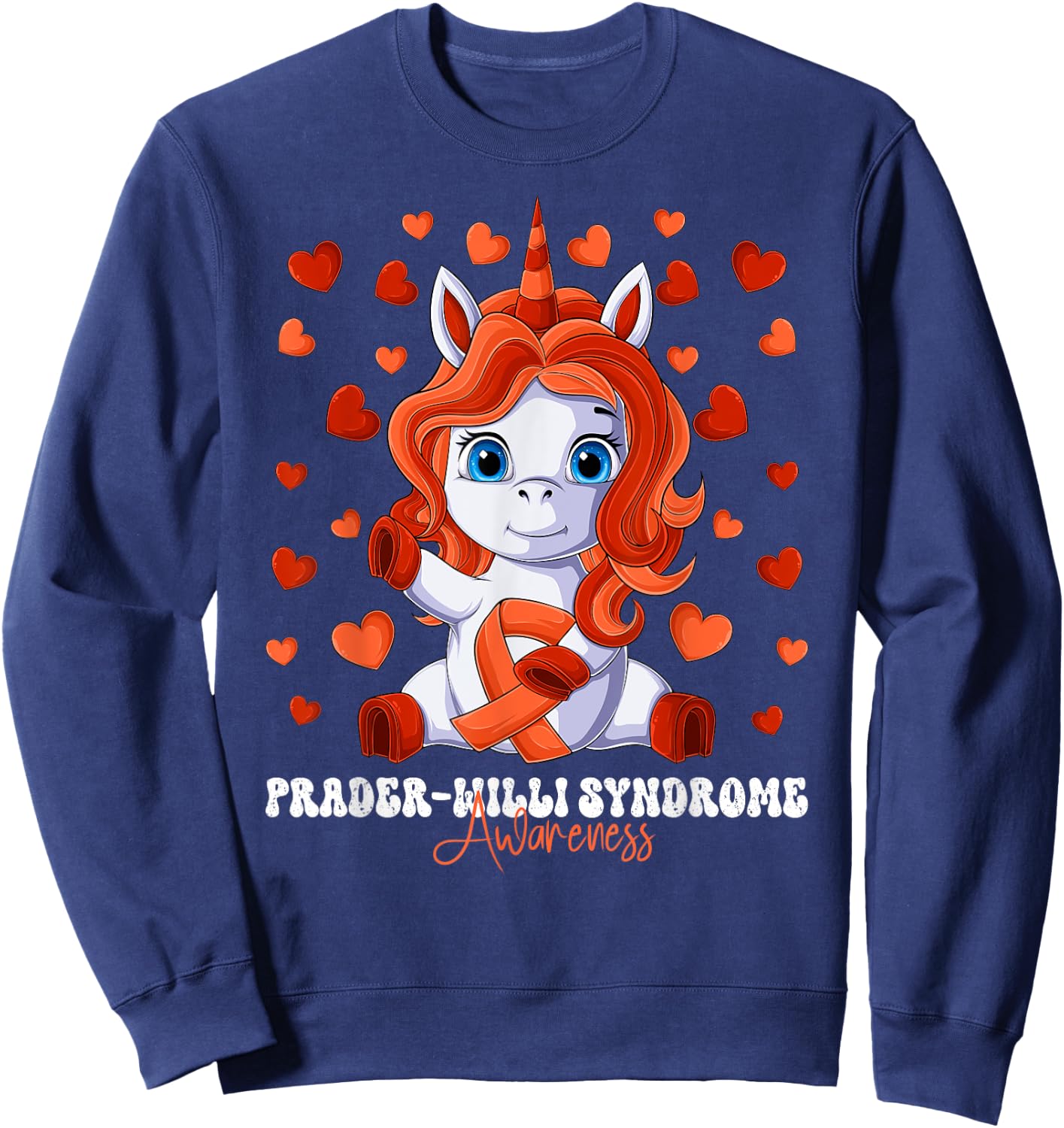 Prader-Willi Syndrome Awareness Month Orange Ribbon Unicorn Sweatshirt - Sweatshirt | Navy