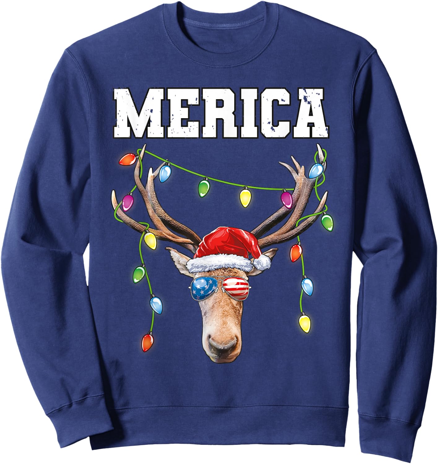 Merica Christmas Santa Buck Shirt USA Flag Patriotic Sweatshirt - Sweatshirt | Navy