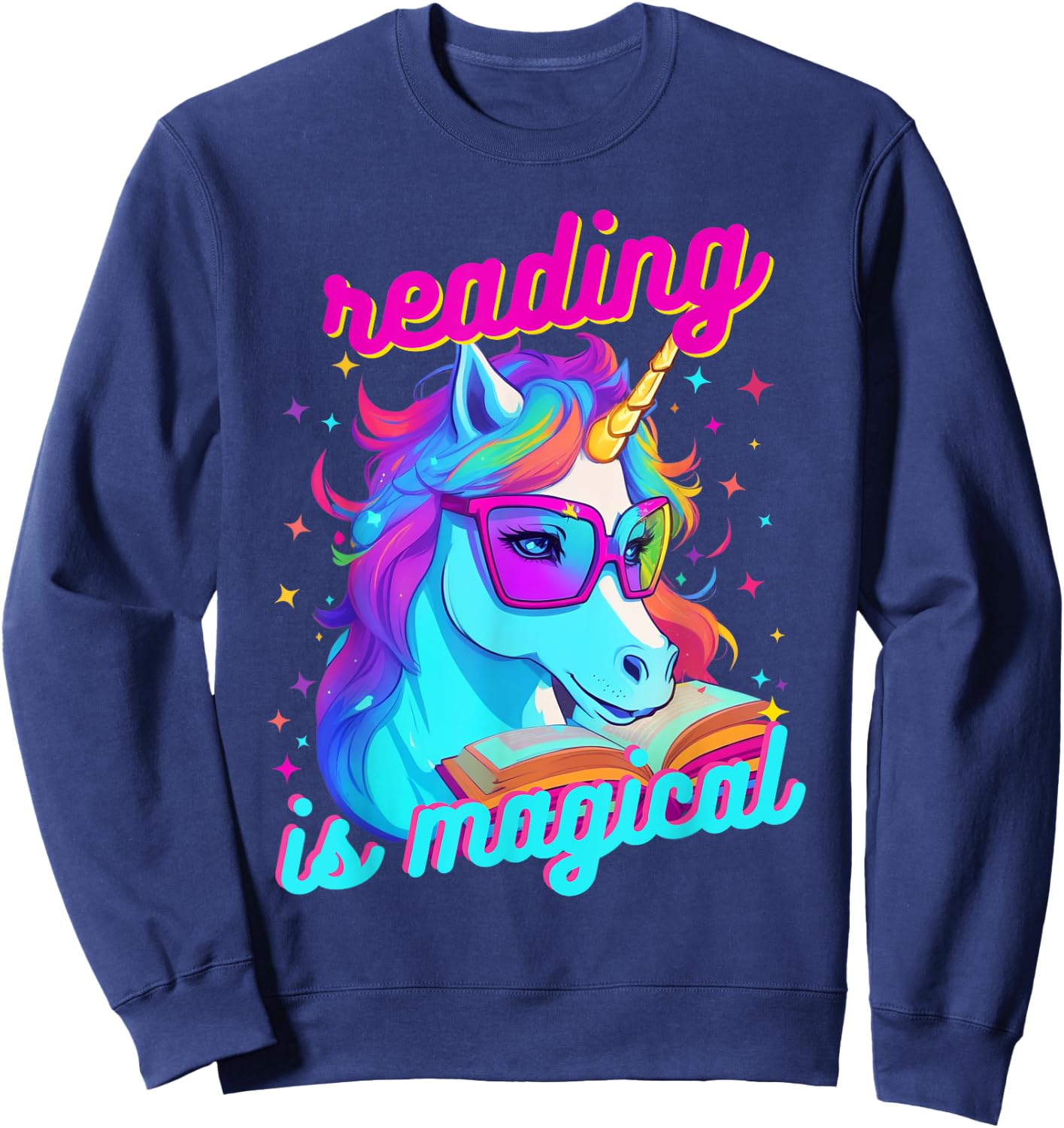Psychedelic Cool Nerd Unicorn Reading is Magical Book Lover Sweatshirt - Sweatshirt | Navy