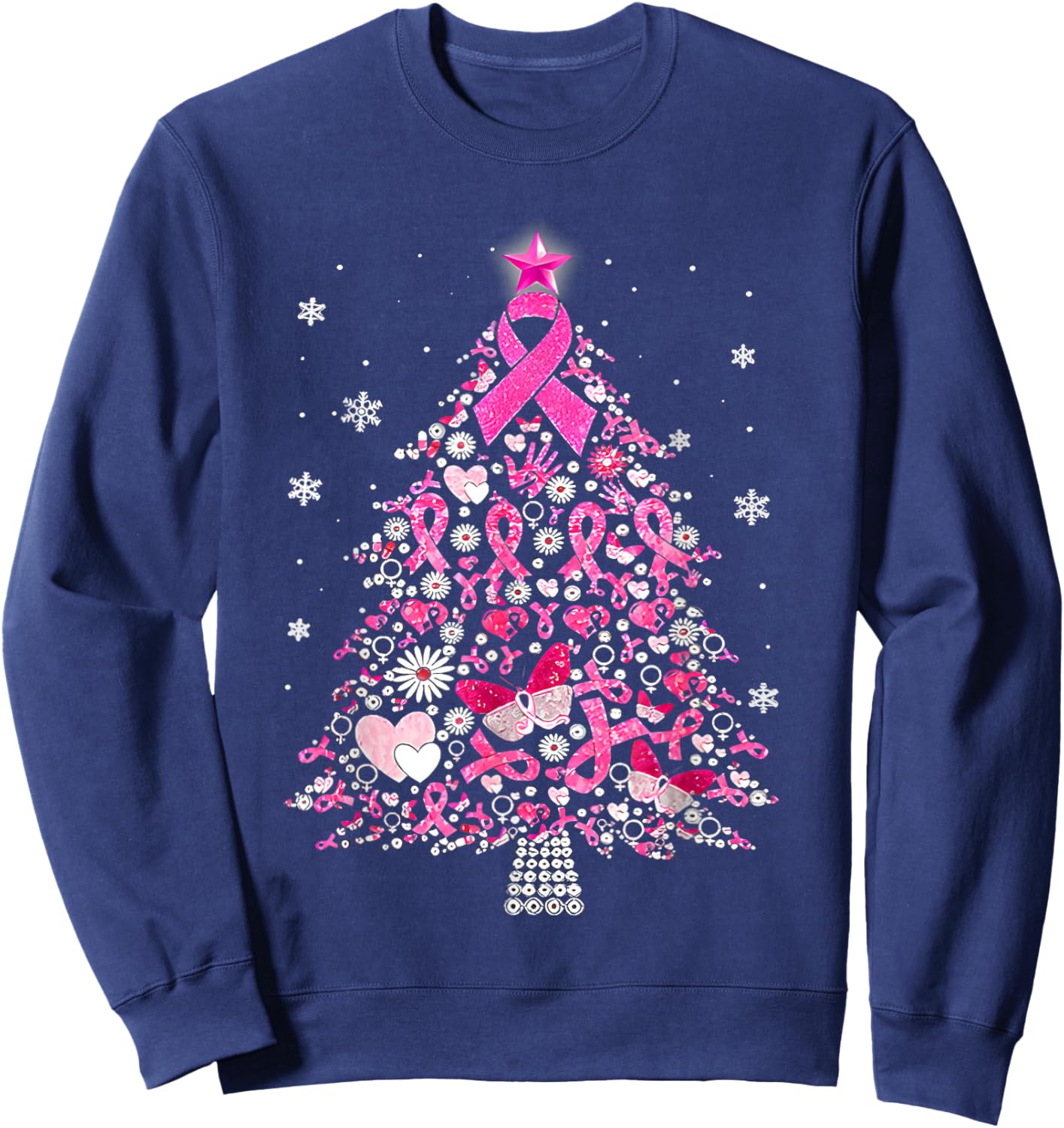 Breast Cancer Ornament Decoration Christmas Tree Snowflakes Sweatshirt - Sweatshirt | Navy