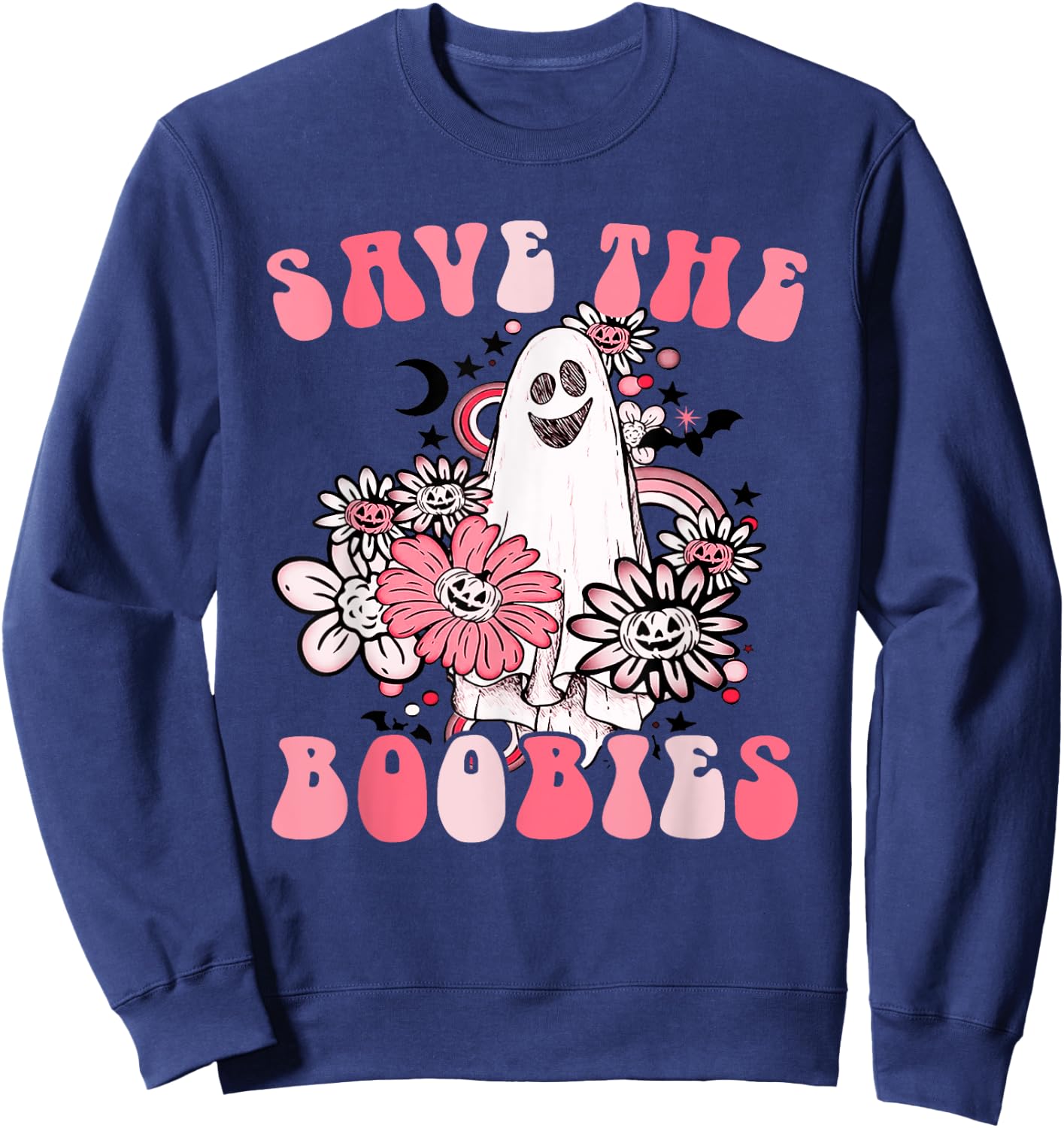 Boobees Breast Cancer Boho Groovy Ghost Save The Boo bees Sweatshirt - Sweatshirt | Navy