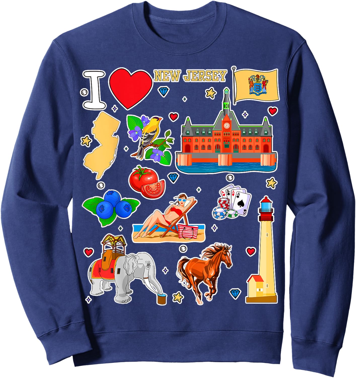New Jersey map, hand drawn State Symbols and icons Sweatshirt - Sweatshirt | Navy