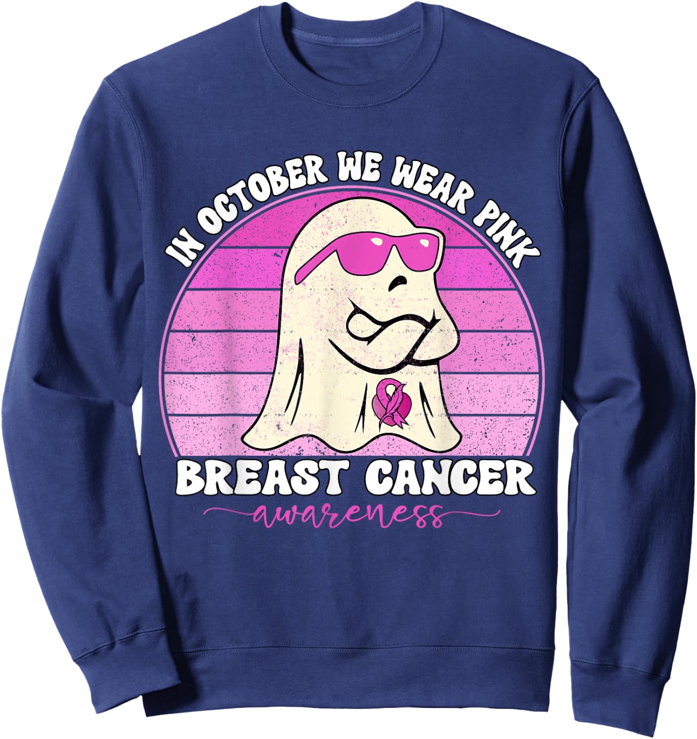 Groovy Breast Cancer Awareness We Wear Pink Ribbon Ghost Sweatshirt - Sweatshirt | Navy