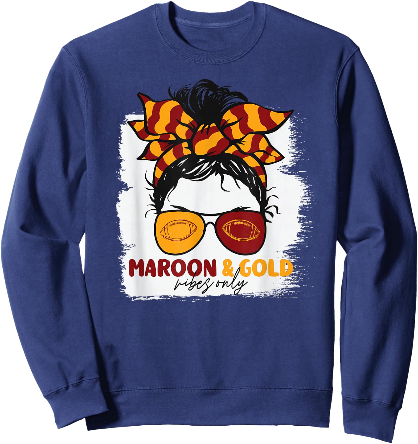 Maroon and Gold Vibes Only Football Mom Gameday Messy Hair Sweatshirt - Sweatshirt | Navy